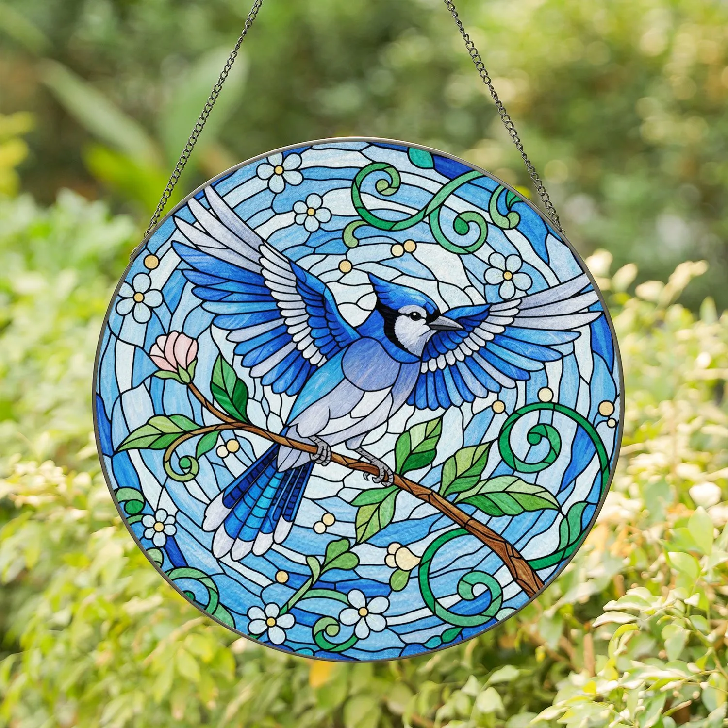 Stained Glass Blue Jay Branch - Wildlife Home Decor Gift for Bird Lovers Stained Glass Suncatcher - 1