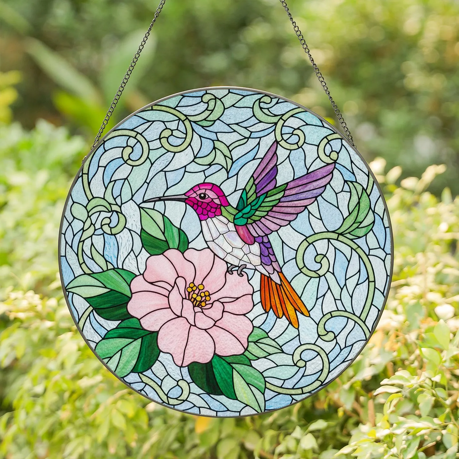 Hummingbird Flower Botanical Water Mosaic - Garden Home Decor Gift for Wildlife Lover Stained Glass Suncatcher - 1