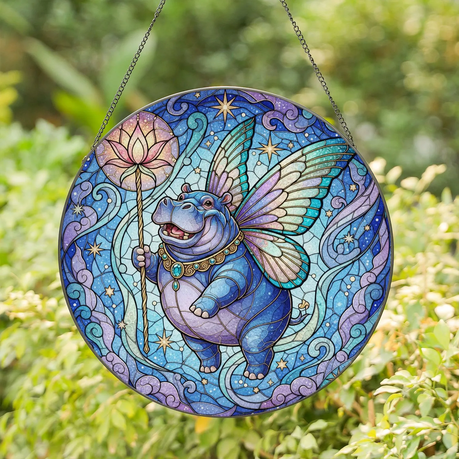 Hippo Butterfly Wings Lotus Staff - Home Decor Gift for Animal Lover Stained Glass Suncatcher - 1
