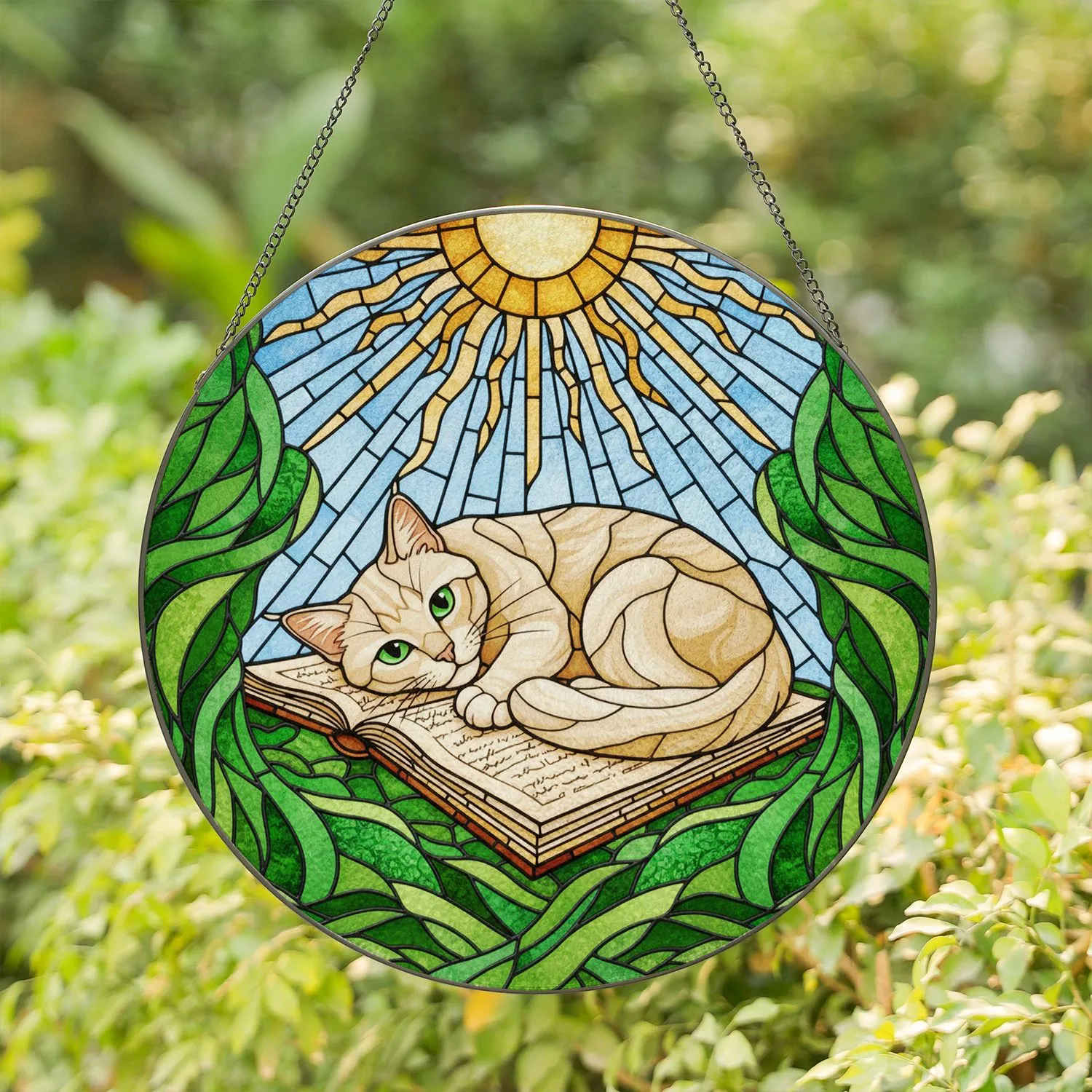Curled Cat Open Book Radiant Sun - Home Decor Gift for Cat Lover Stained Glass Suncatcher - 1