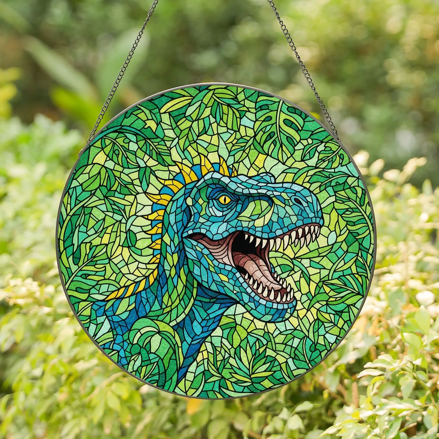 Tyrannosaurus Rex Jungle Foliage - Prehistoric Wildlife Home Decor Gift Stained Glass Suncatcher - 1
