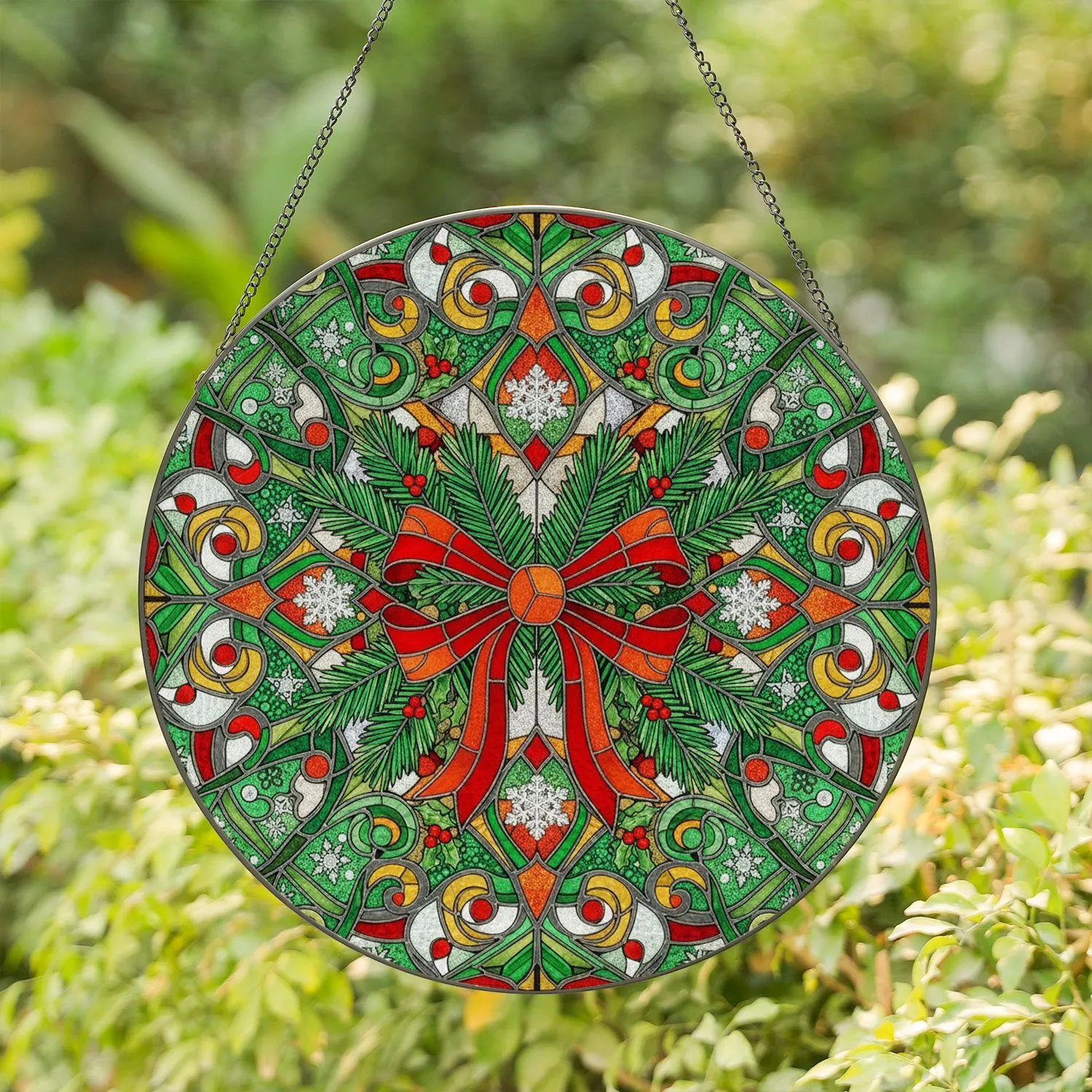 Ornate Festive Bow Holly Berries Pine Needles Snowflakes - Christmas Home Decor Gift Stained Glass Suncatcher - 1