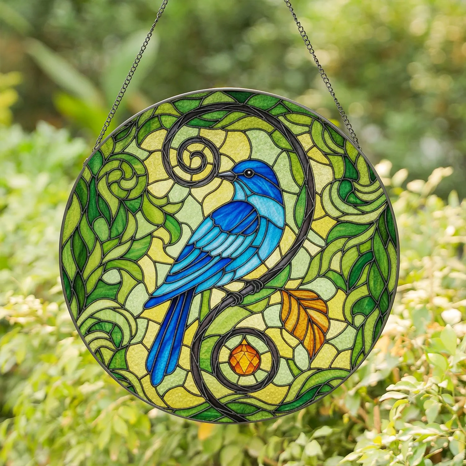 Blue Bird on Swirling Branch Mosaic Leaves - Home Decor Gift for Bird Lovers Stained Glass Suncatcher - 1
