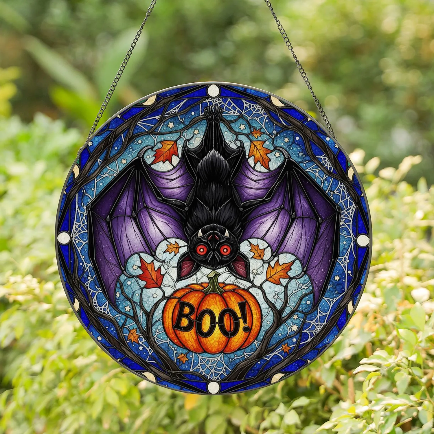 Black Bat Purple Wing Orange BOO Pumpkin Tree Spiderweb - Halloween Home Decor Gift Stained Glass Suncatcher - 1