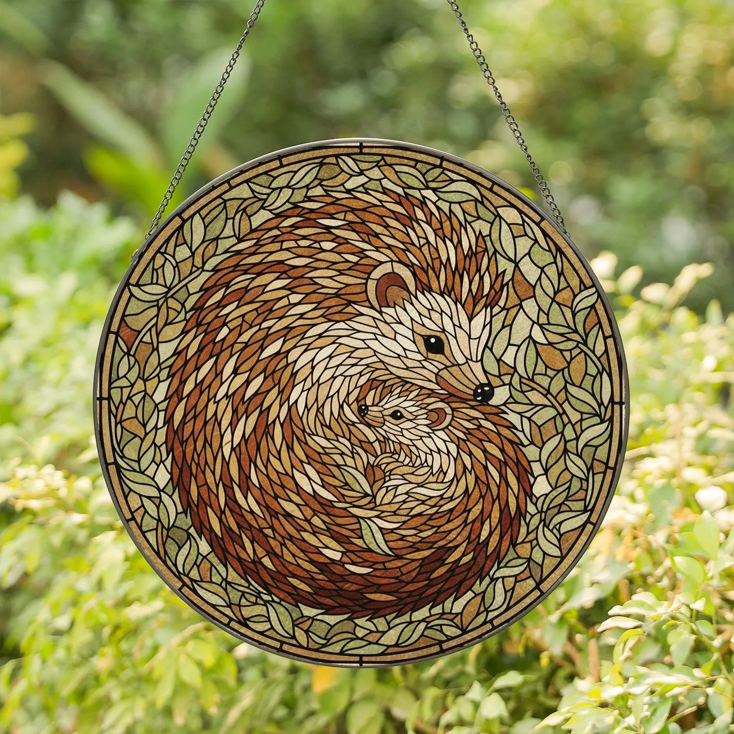 Mother Baby Hedgehog Cuddle Green Leaves Home Decor Gift for Wildlife Lover Stained Glass Suncatcher - 1
