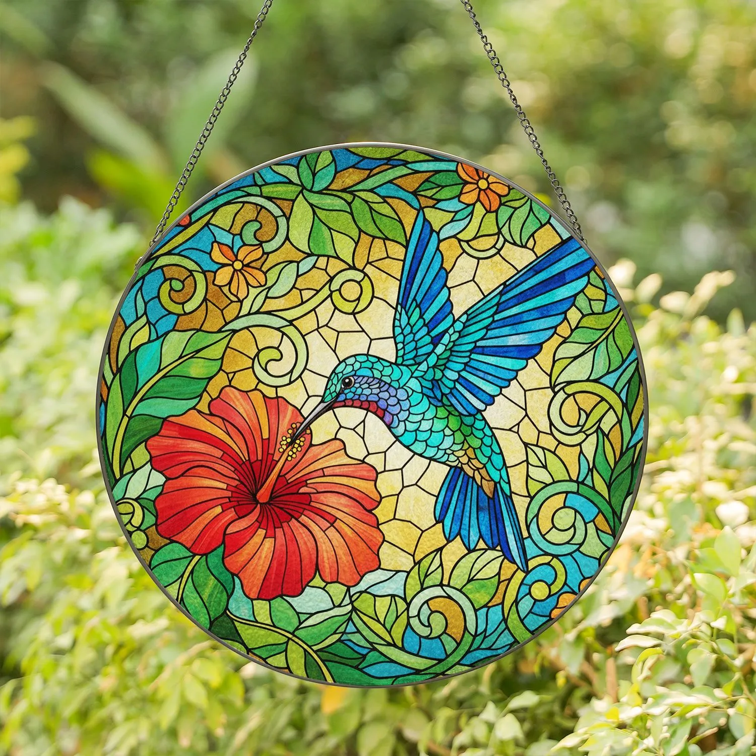 Hummingbird Hibiscus Tropical Jungle Floral Mosaic - Home Decor Gift for Wildlife Lover Stained Glass Suncatcher - 1