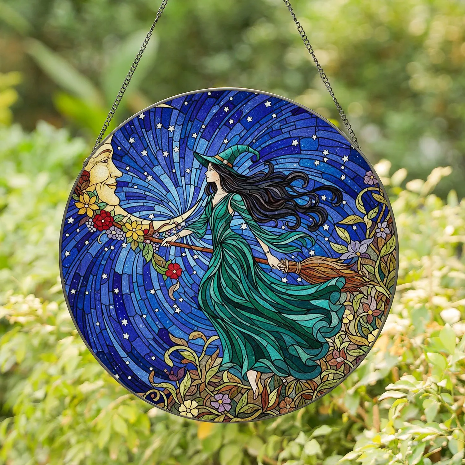 Witch Crescent Moon Botanical Flowers Celestial - Home Decor Gift for Witch Lover Stained Glass Suncatcher - 1