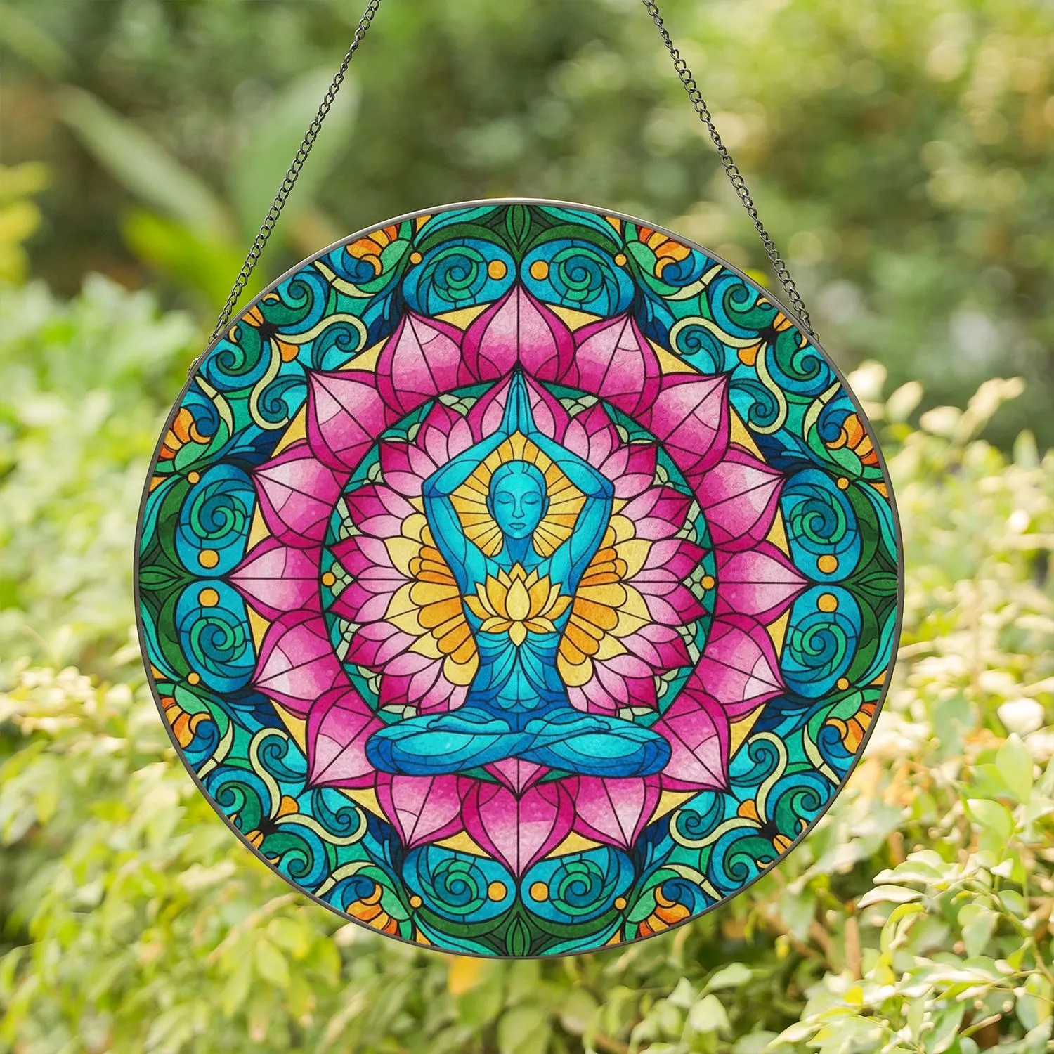 Meditative Yoga Human Figure Lotus Bloom Floral Petals - Home Decor Gift for Yoga Lover Stained Glass Suncatcher - 1