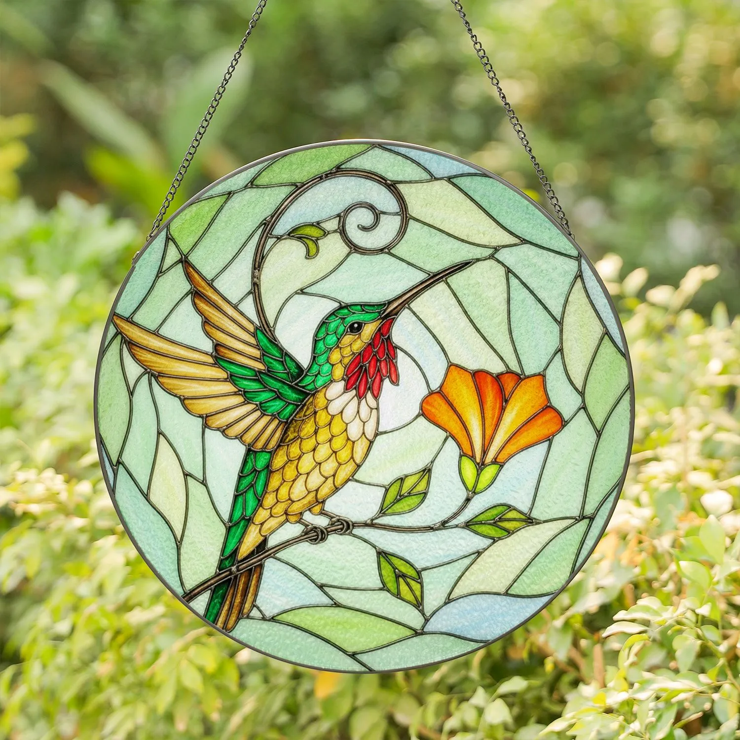 Hummingbird Flower Metallic Vine Spiral Mosaic Swirls Home Decor Gift for Garden Lover Stained Glass Suncatcher - 1