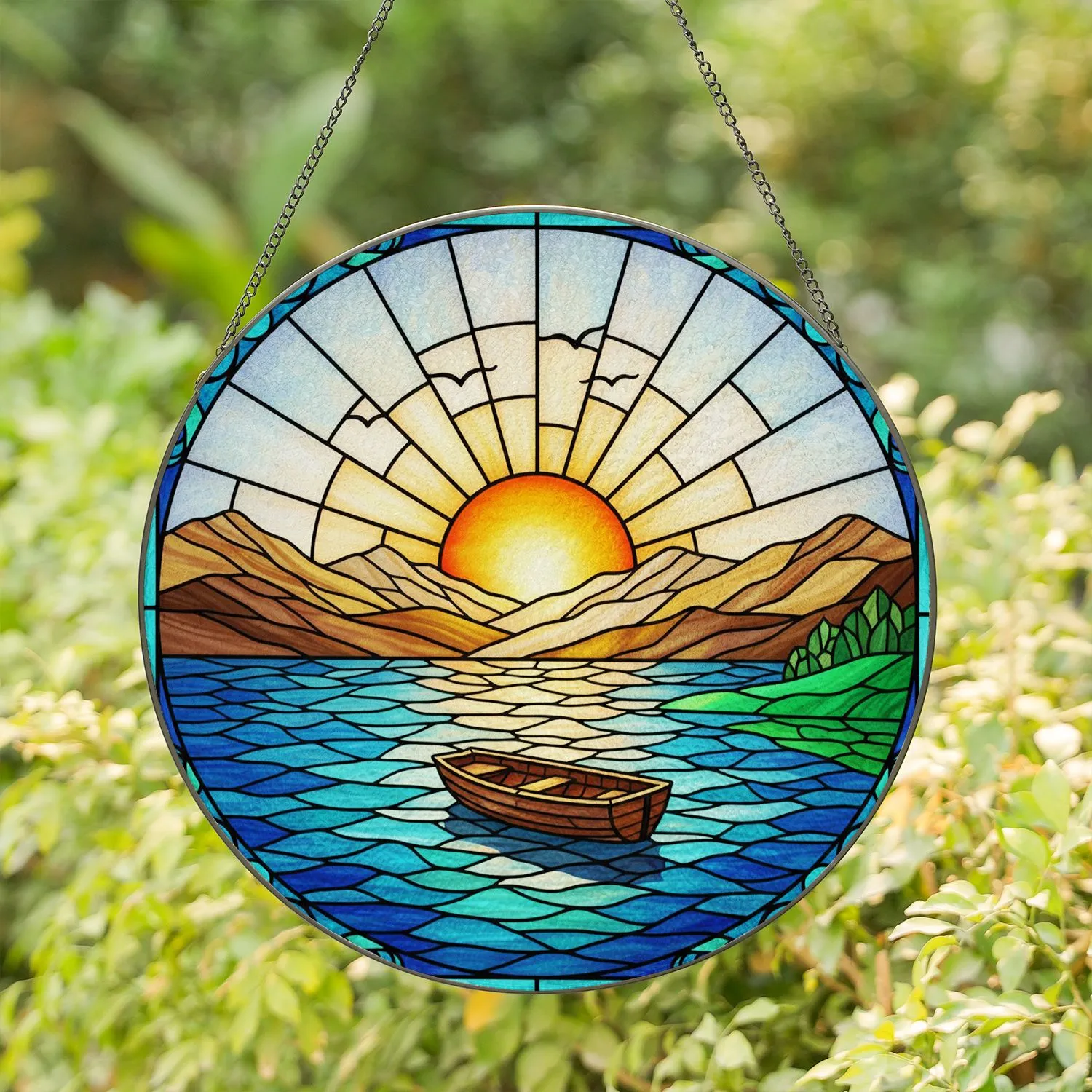 Prominent Orange Sun Setting Mountain Lake Rowboat Scene - Home Decor Gift for Nature Lovers Stained Glass Suncatcher - 1