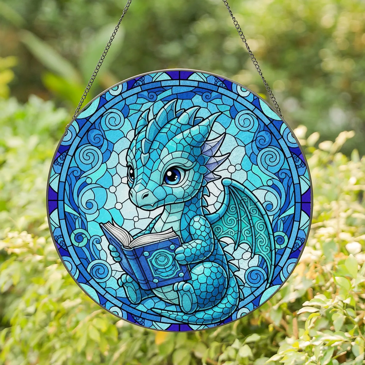 Chibi Baby Dragon Reading Book - Fantasy Home Decor Gift for Book Lover Kids Stained Glass Suncatcher - 1