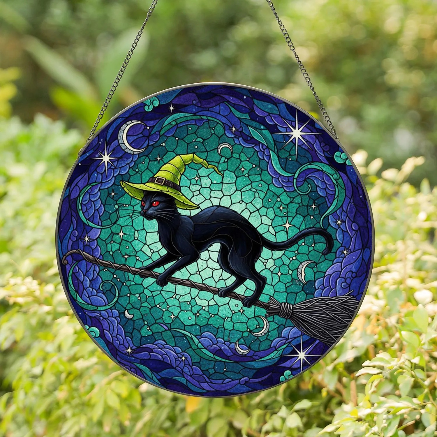 Black Cat Witch Hat Broomstick Mid-Flight Moon Stars - Halloween Party Cat Lover Gift Stained Glass Suncatcher - 1