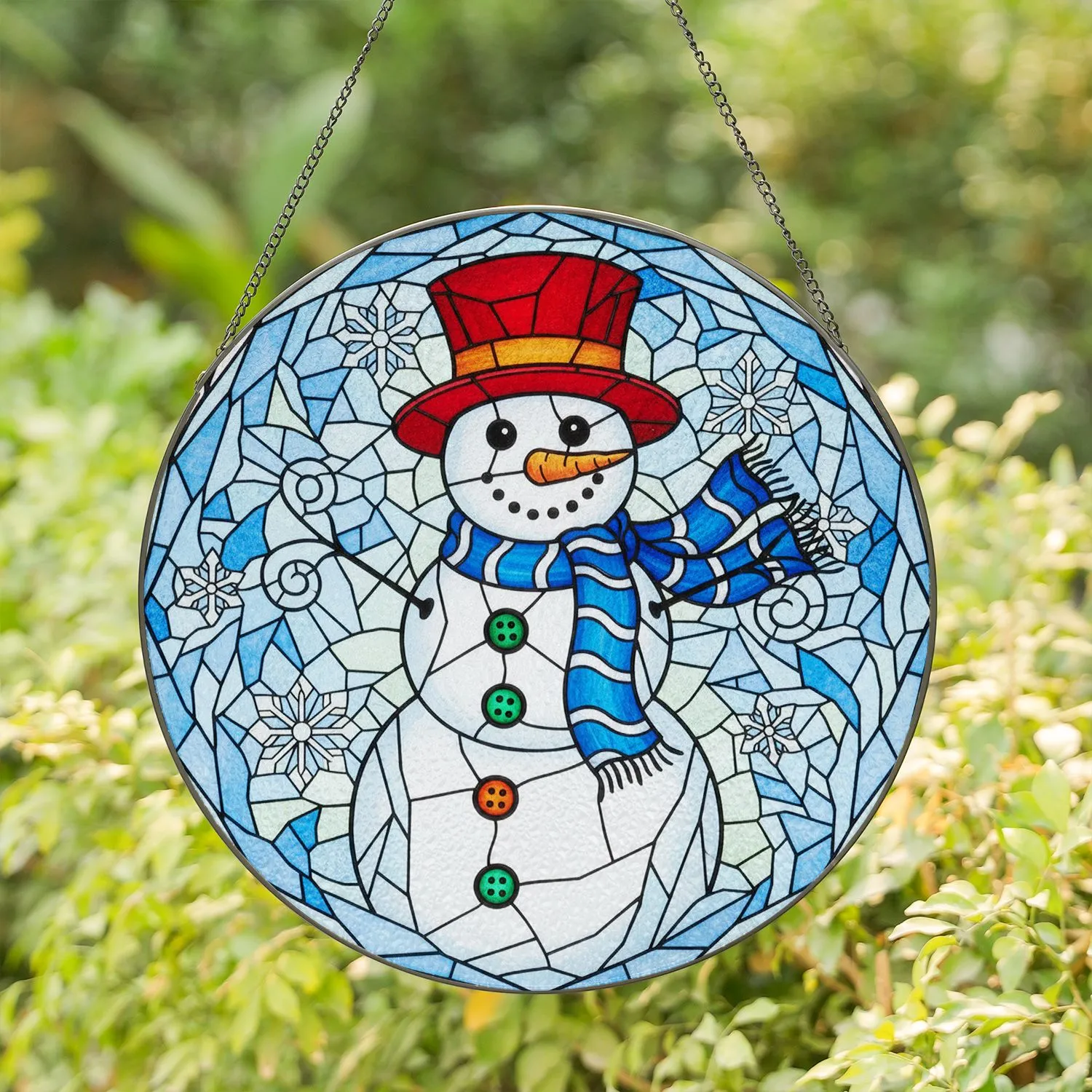 Orange Nose Snowman Red Hat Blue Scarf Snowflakes Winter Holiday Home Decor Gift Stained Glass Suncatcher - 1
