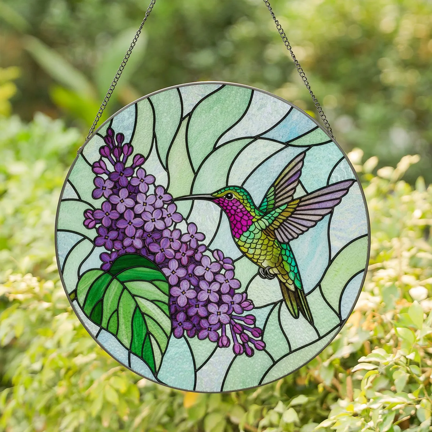 Iridescent Hummingbird Lilac Flowers - Garden Lover Home Decor Gift Stained Glass Suncatcher - 1