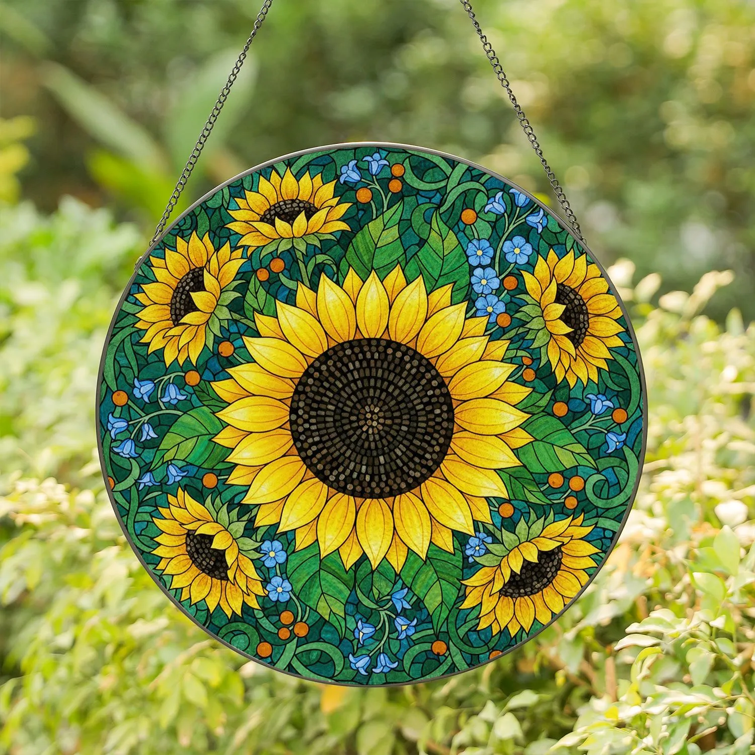 Radiant Sunflower Bellflower Berry Floral - Home Decor Gift for Garden Lover Stained Glass Suncatcher - 1