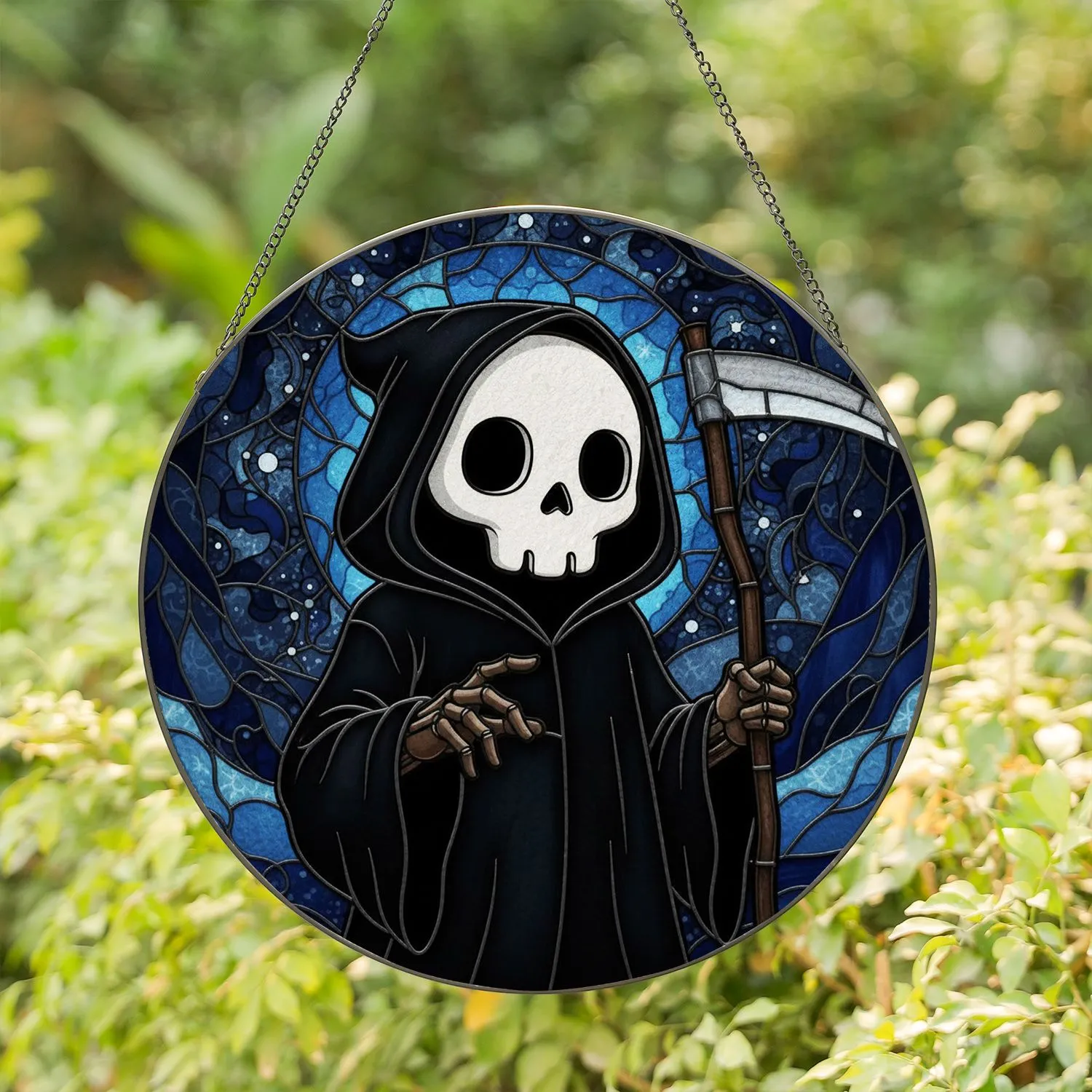 Grim Reaper Scythe Skull Night Sky - Gothic Fantasy Home Decor Gift Stained Glass Suncatcher - 1