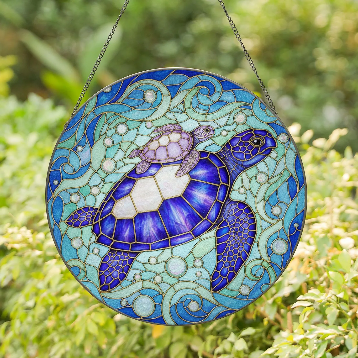 Adult Sea Turtle Baby Turtle Swirling Water - Wildlife Lover Home Decor Gift Stained Glass Suncatcher - 1