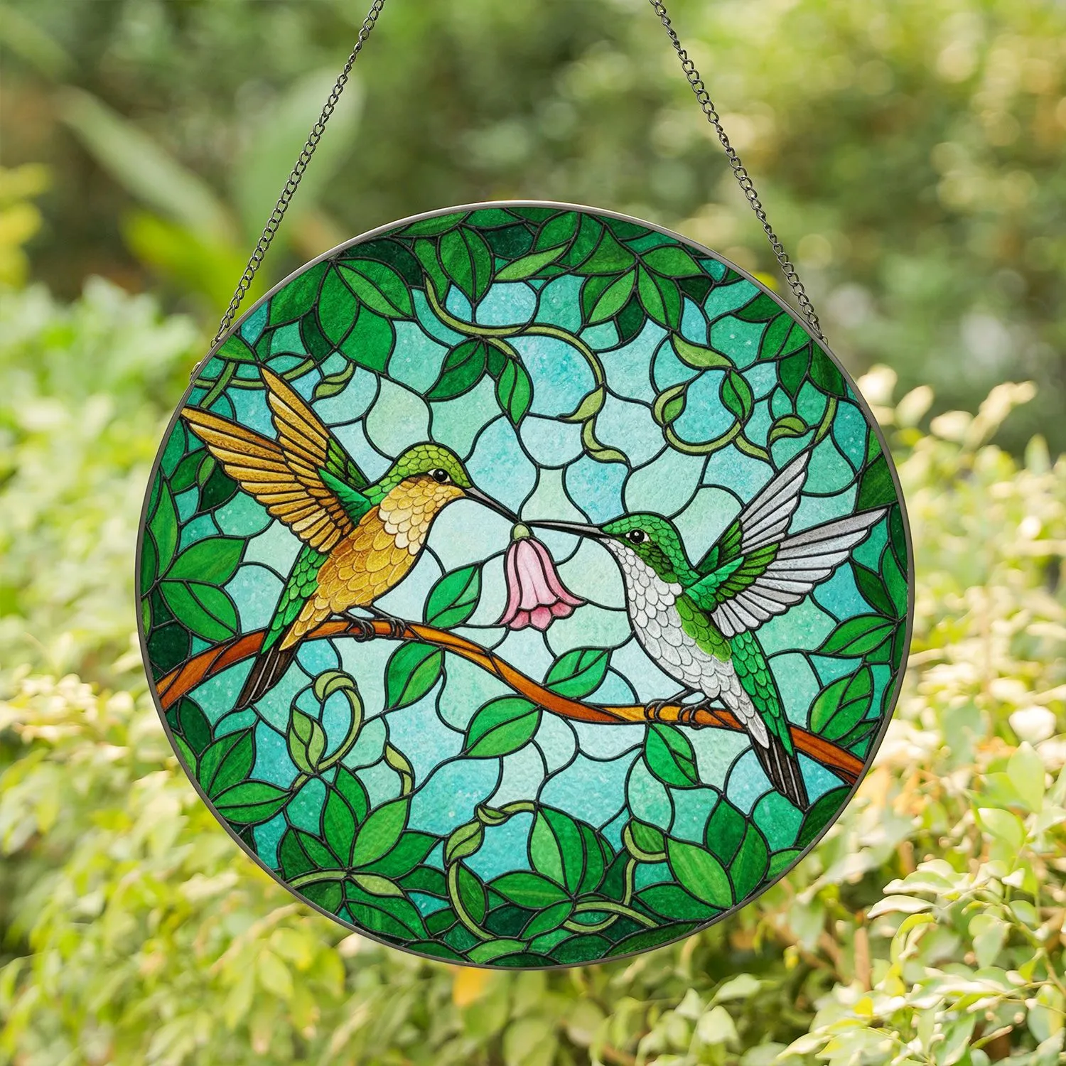Two Hummingbirds Branch Pink Flower Sky-Blue Glass - Wildlife Home Decor Gift Stained Glass Suncatcher - 1
