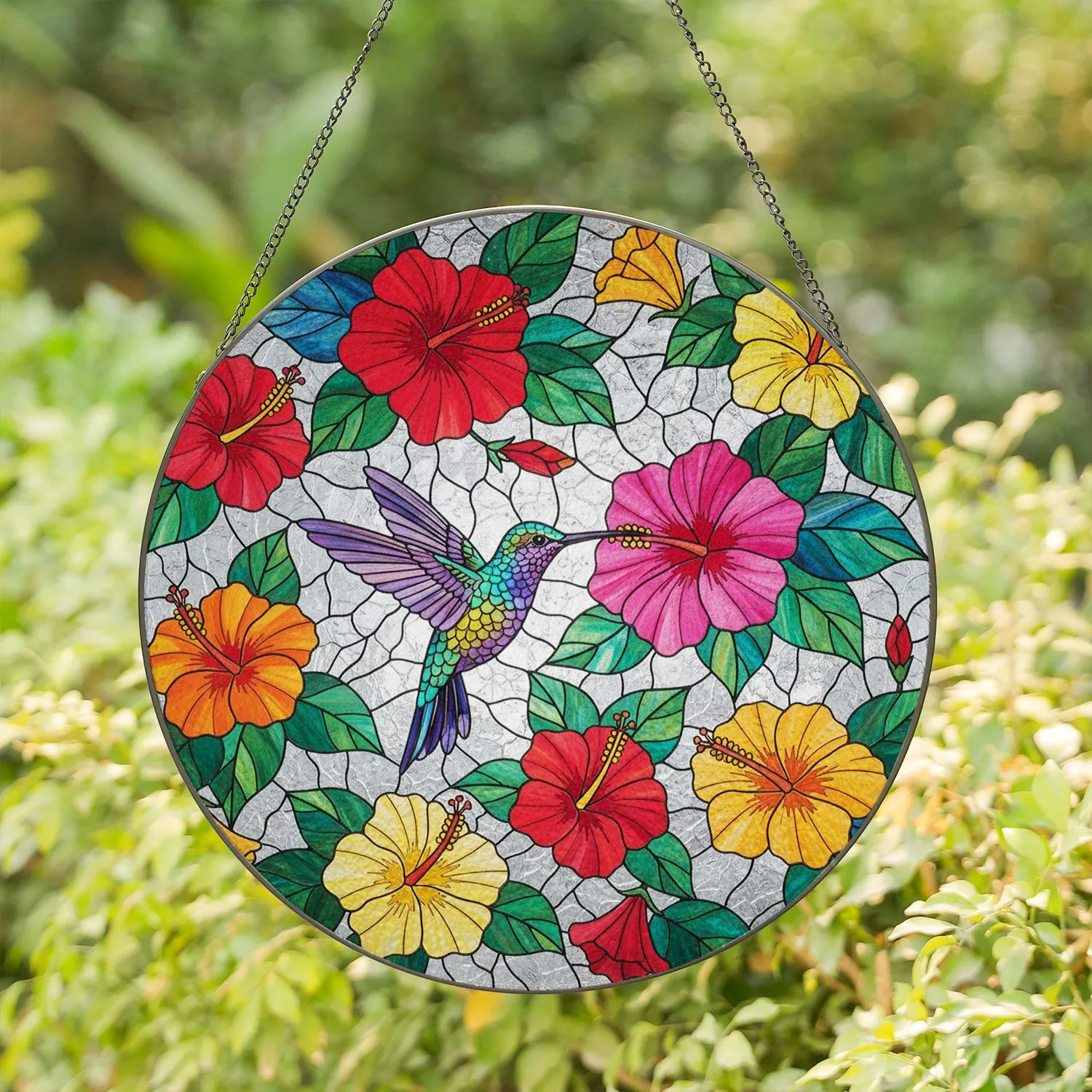 Stained Glass Iridescent Hummingbird Pink Hibiscus - Home Decor Gift for Garden Lover Stained Glass Suncatcher - 1