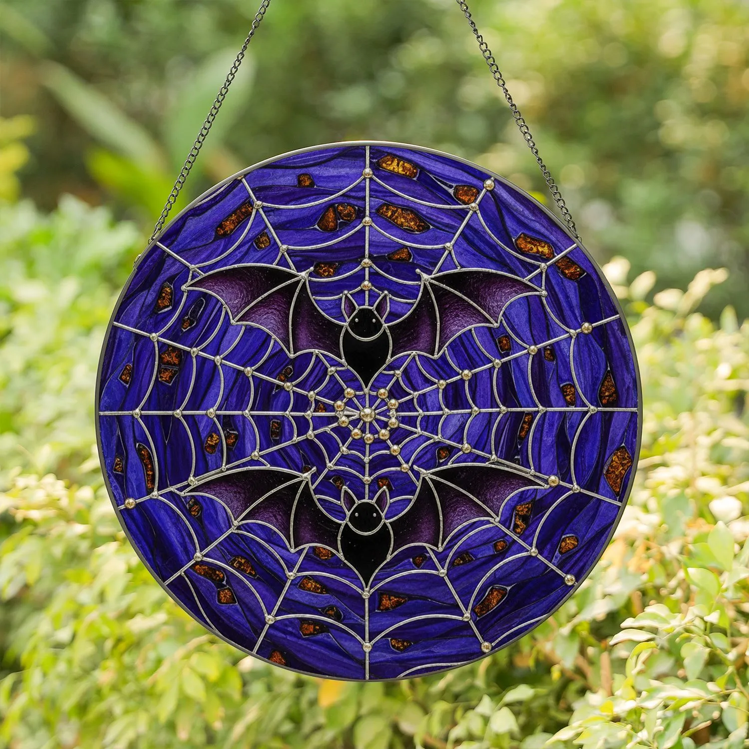 Flying Bats Spider Web - Spooky Halloween Party Decor Gift for Bat Lovers Stained Glass Suncatcher - 1