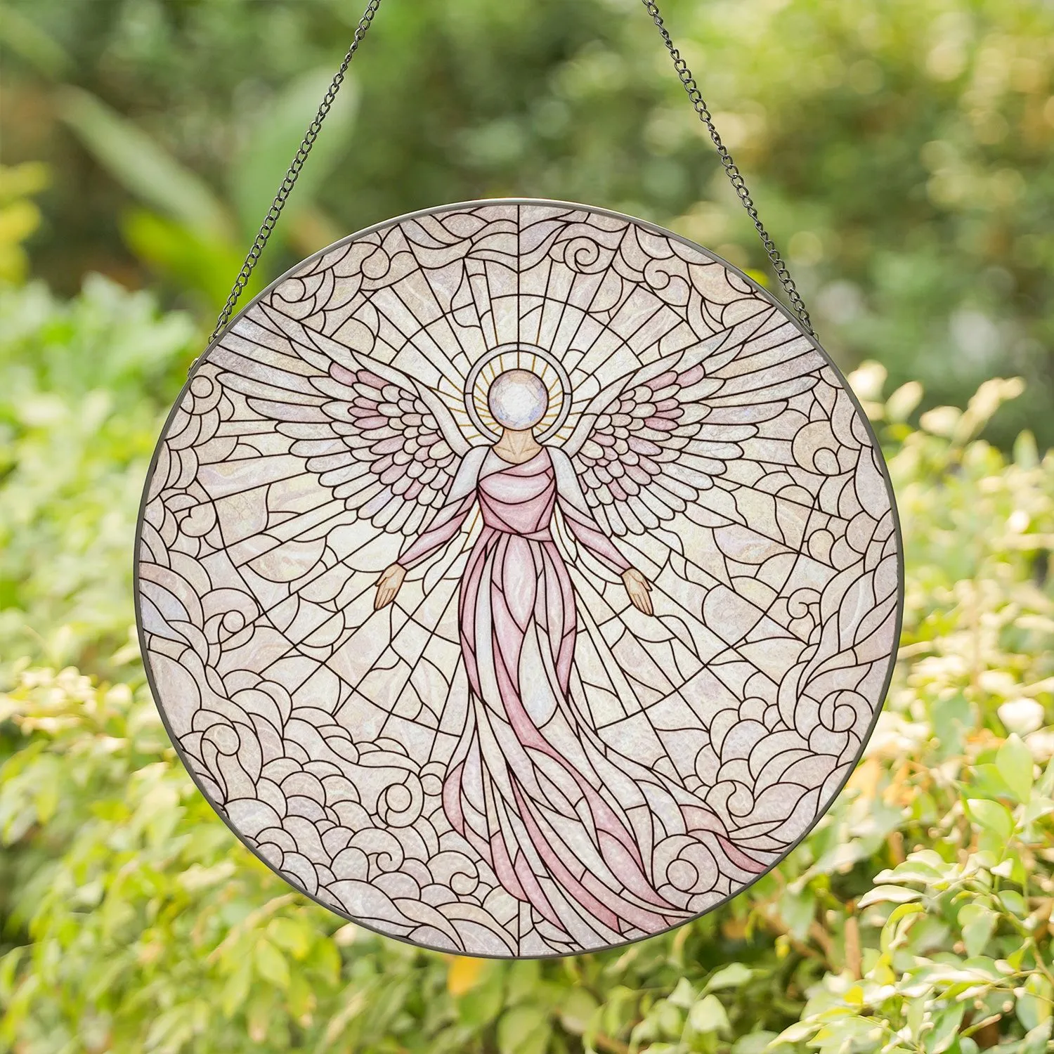 Iridescent Pink Angel, Clear Wings, Silver Halo - Celestial Cloud Home Decor for Angel Lovers Stained Glass Suncatcher - 1