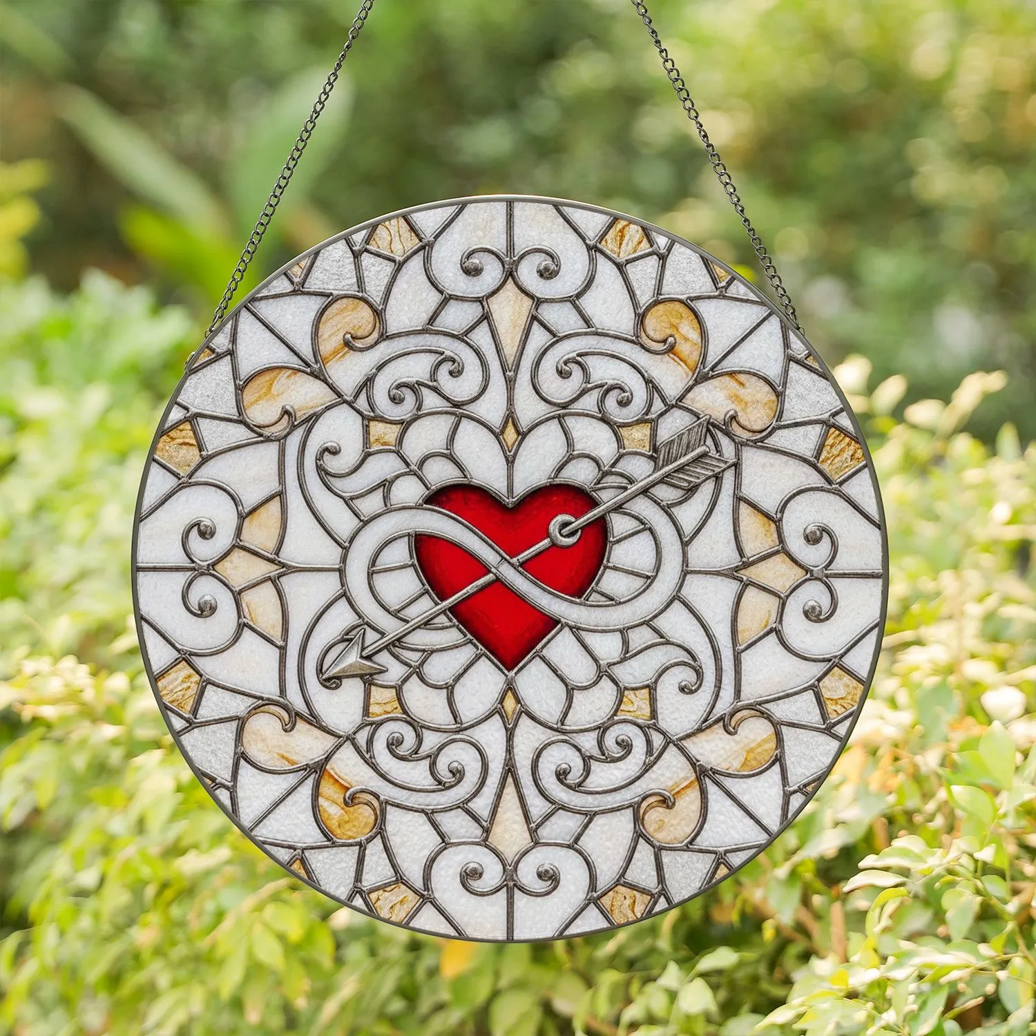 Pierced Heart Infinity Arrow Swirls Geometric Organic Mosaic Flourishes - Home Decor Gift Stained Glass Suncatcher - 1