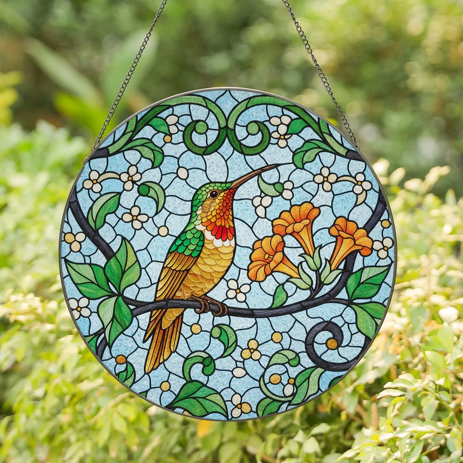 Vibrant Hummingbird Trumpet Flowers Green Foliage Home Decor Gift for Garden Lover Stained Glass Suncatcher - 1