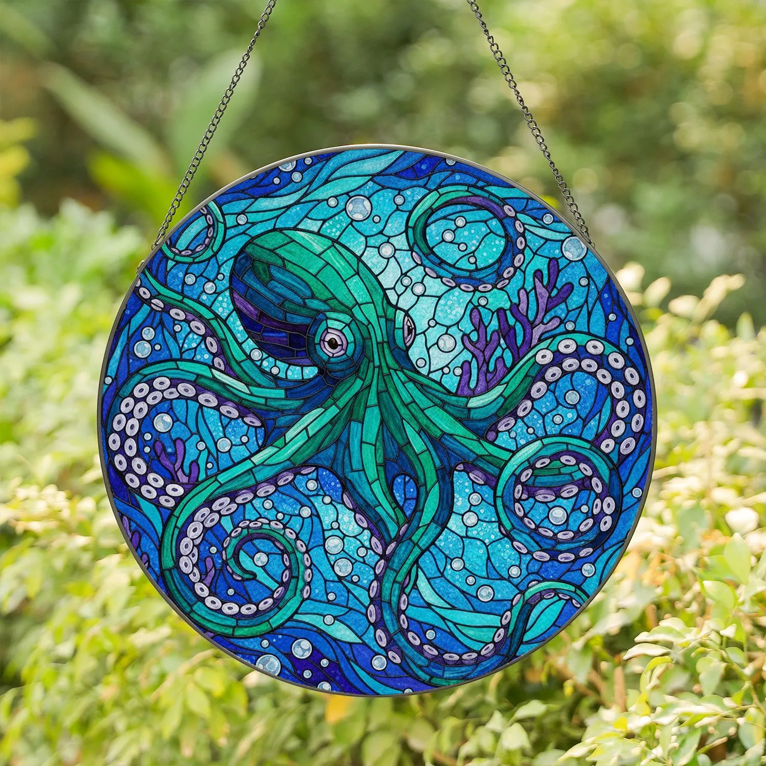 Marine Octopus Tentacles Ocean Coral Bubbles - Home Decor Gift for Ocean Lover Stained Glass Suncatcher - 1