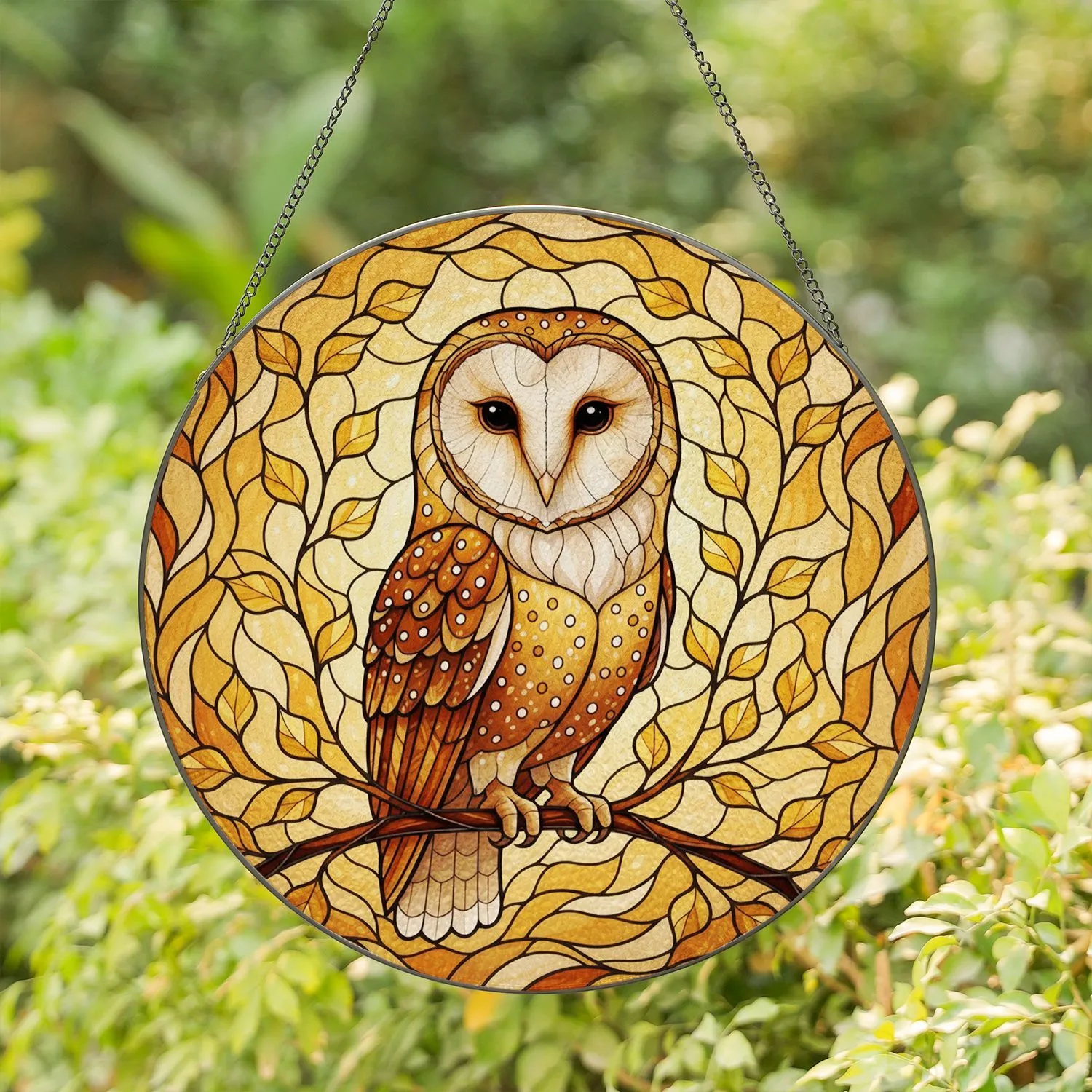 Barn Owl Heart Face Branch Autumn Leaves - Wildlife Home Decor Gift Stained Glass Suncatcher - 1
