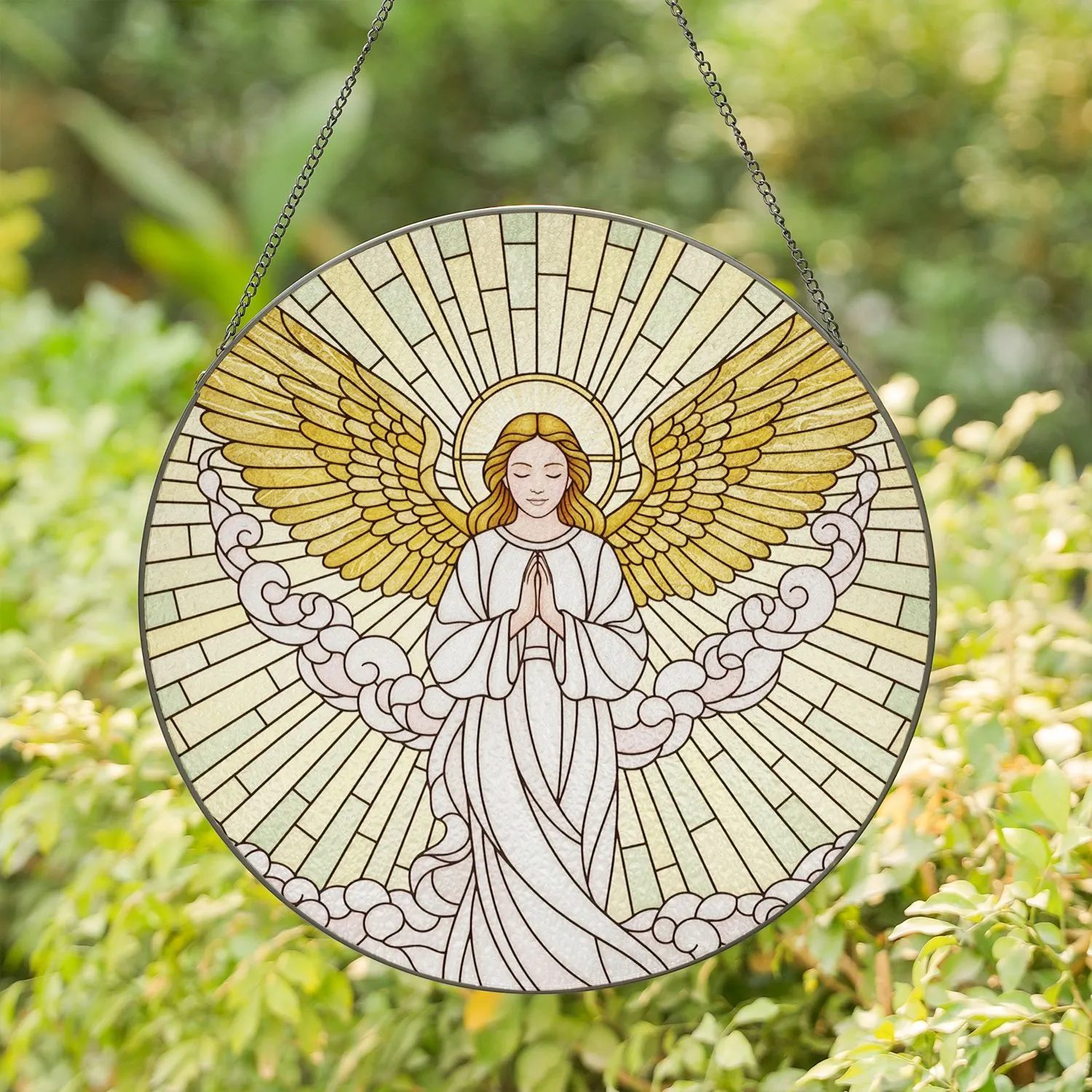 Praying Angel Golden Wings Halo Celestial Clouds - Spiritual Home Decor Gift Stained Glass Suncatcher - 1