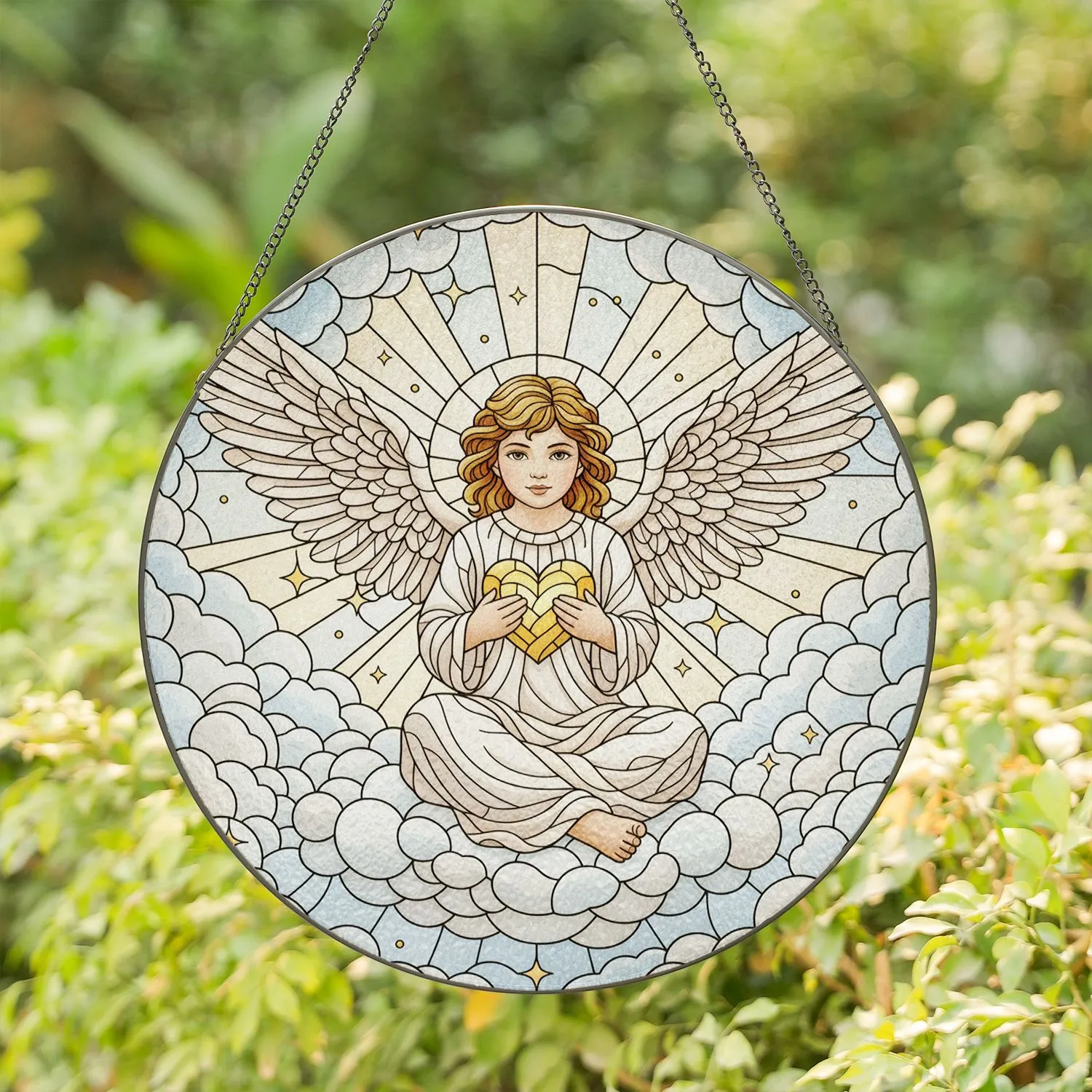 Cherubic Angel Golden Heart Celestial Cloud - Home Decor Gift for Angel Lover Stained Glass Suncatcher - 1