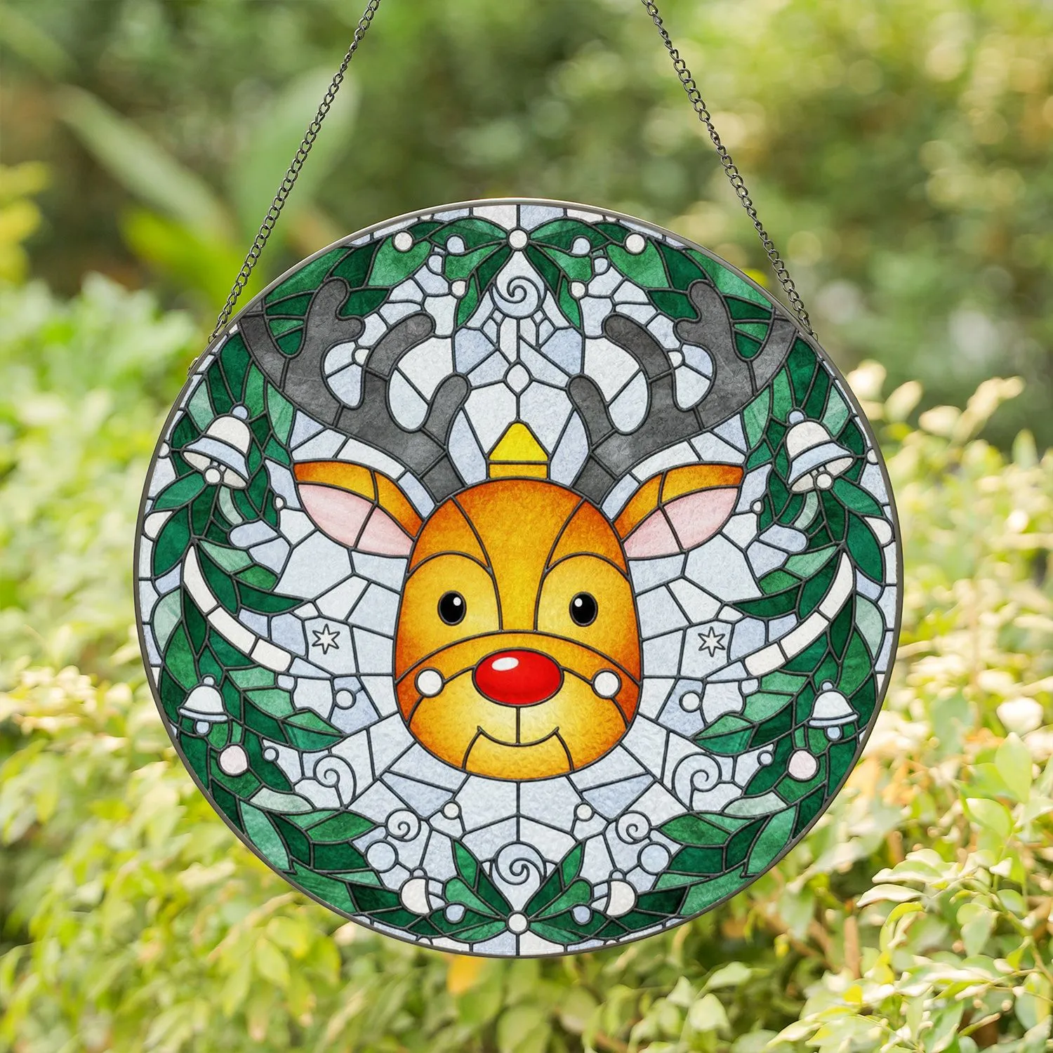 Reindeer Head Christmas Tree - Holiday Home Decor Gift Stained Glass Suncatcher - 1
