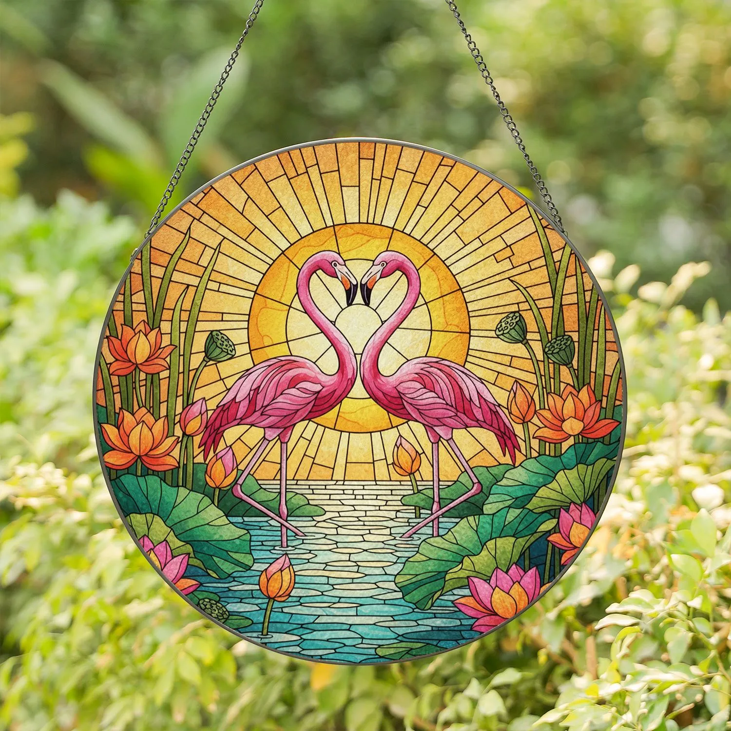 Pink Flamingos Lotus Flowers Golden Sun Rippling Water Scene - Wildlife Lover Home Decor Gift Stained Glass Suncatcher - 1