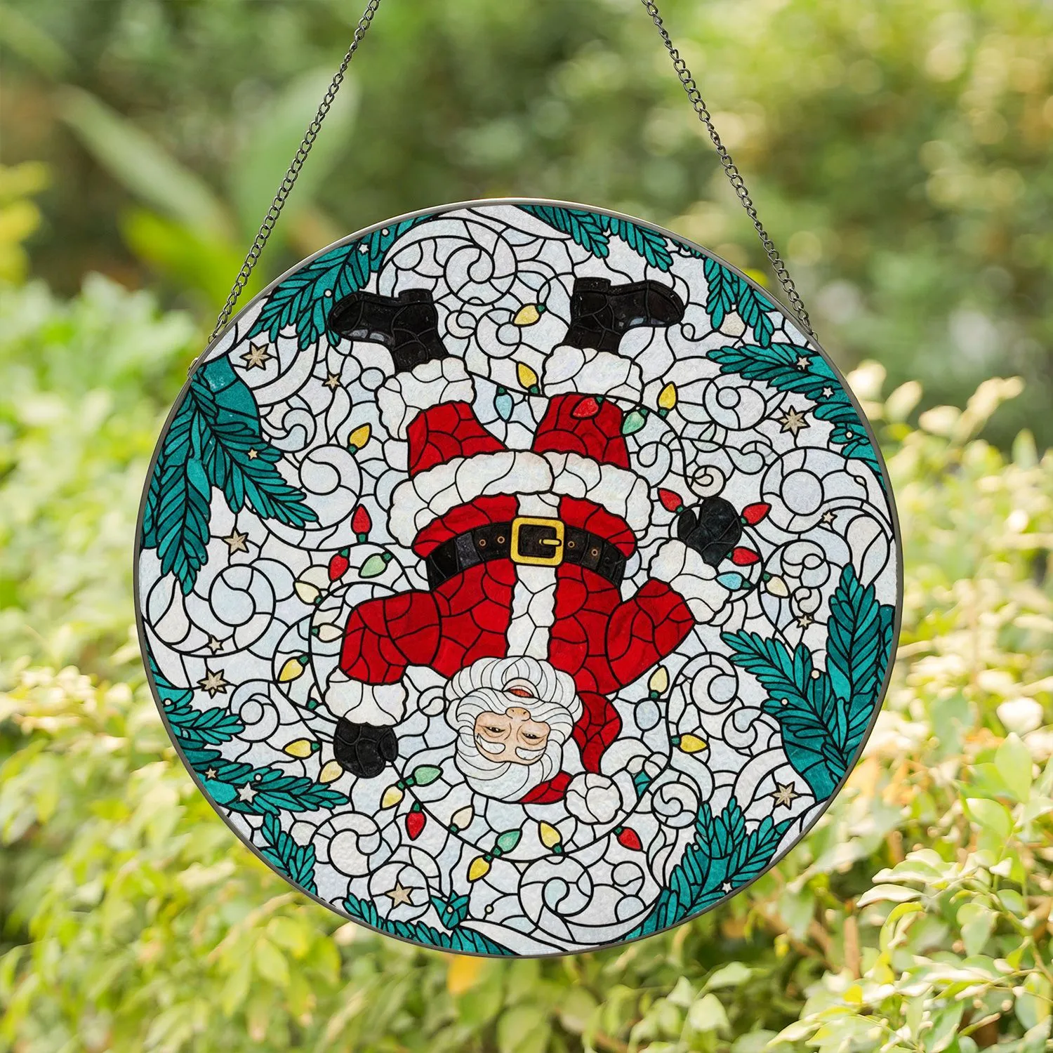 Upside Down Santa Claus Christmas Lights Evergreen Snow - Christmas Home Decor Gift Stained Glass Suncatcher - 1