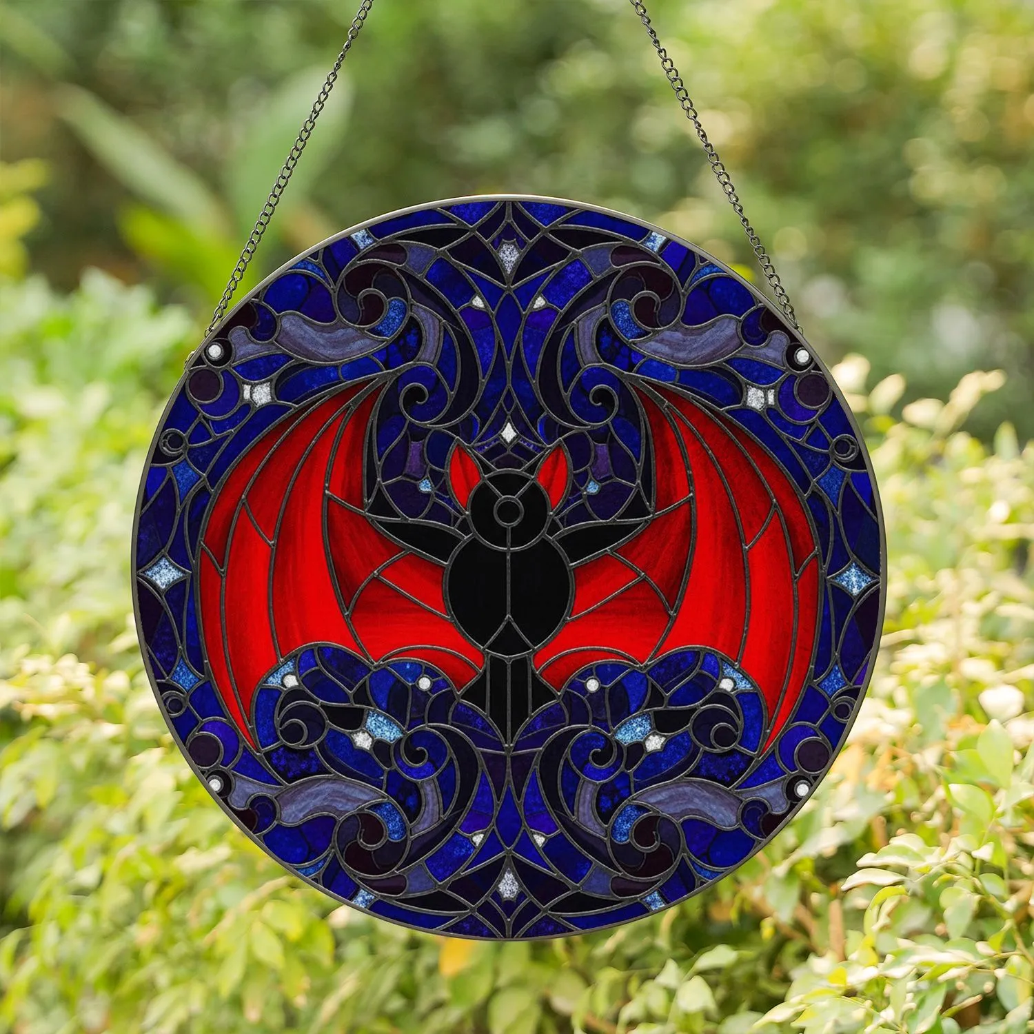 Black Body Red Wing Bat Gothic Night Sky Stars - Gothic Home Decor Gift for Bat Lover Stained Glass Suncatcher - 1