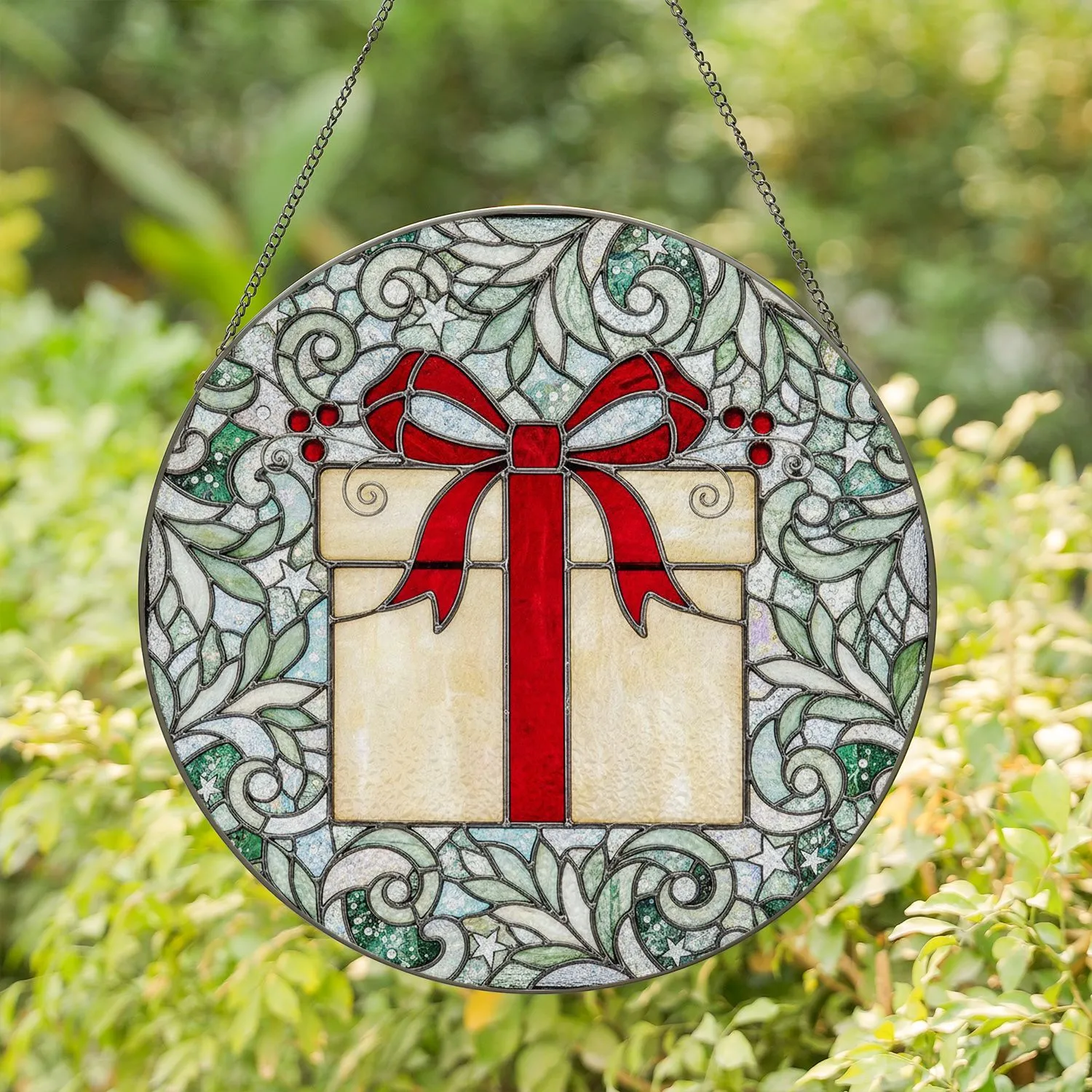 Shimmering Wrapped Gift Box Red Ribbon Bow Red Berries Winter Foliage - Christmas Gift Stained Glass Suncatcher - 1