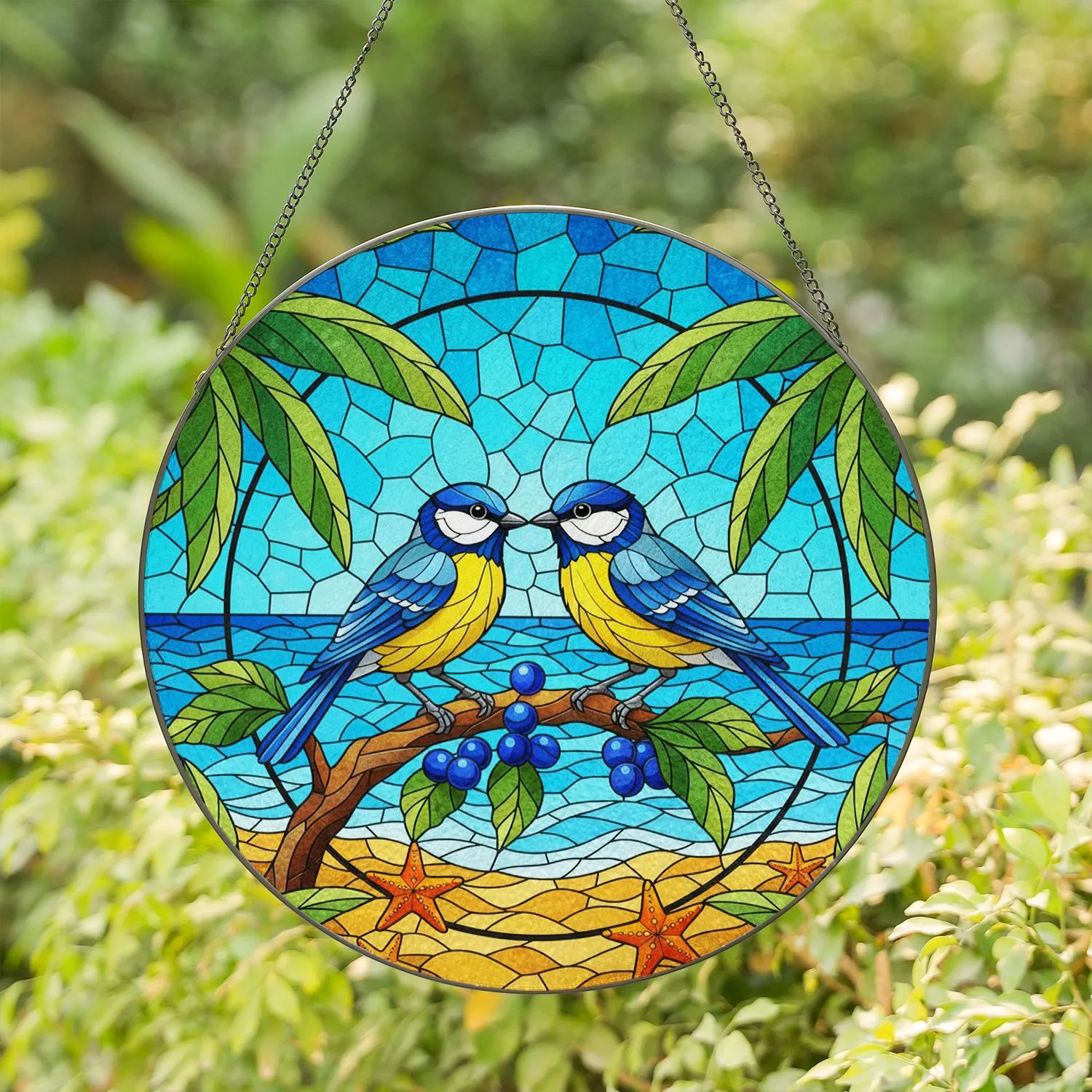 Blue Yellow Tit Birds Starfish Tropical Beach Scene - Home Decor Gift for Bird Lover Stained Glass Suncatcher - 1