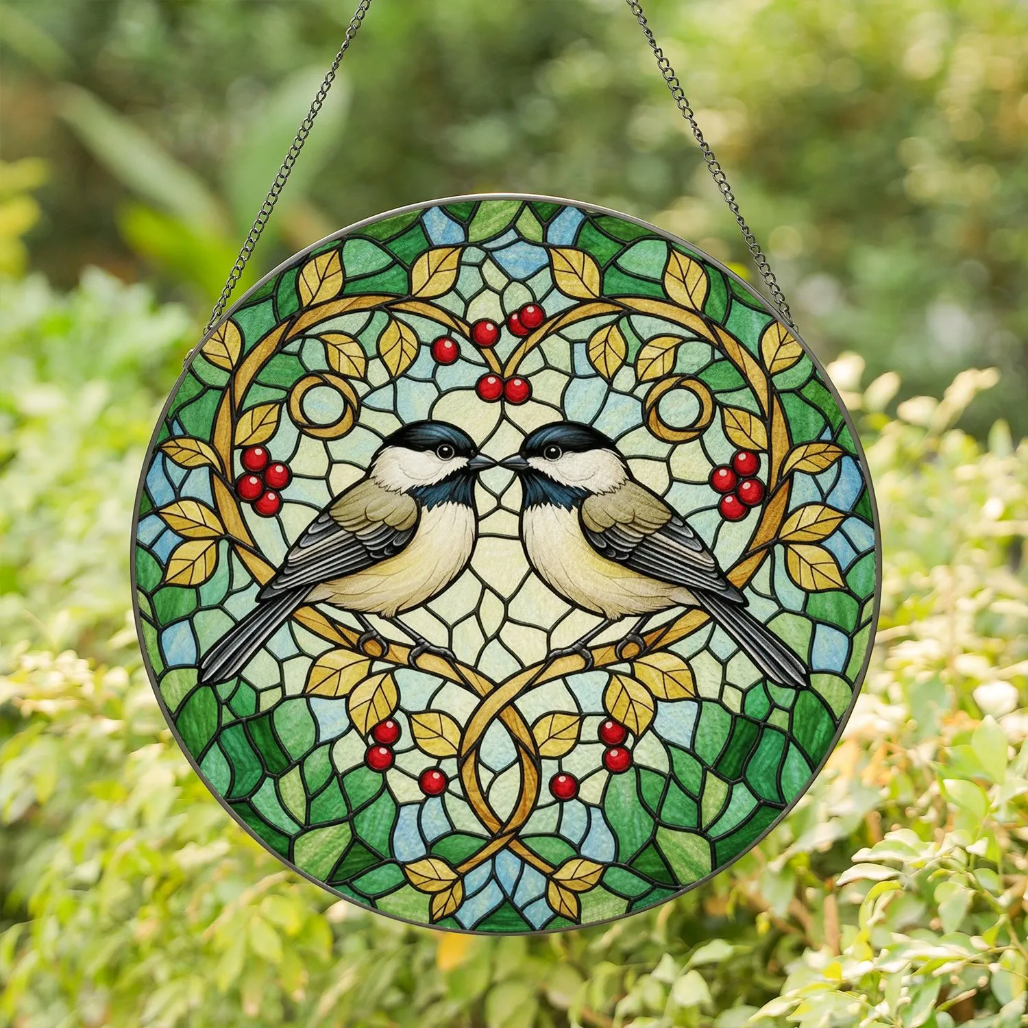 Loving Chickadee Birds Heart Branch - Wildlife Lover Home Decor Gift Stained Glass Suncatcher - 1