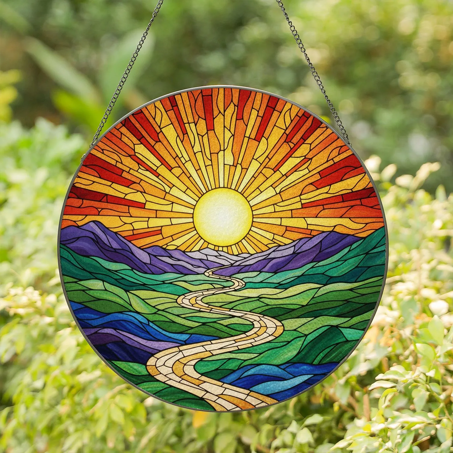 Radiant Sun Segmented Sunbeams Layered Landscape Winding Path - Home Decor Gift Stained Glass Suncatcher - 1