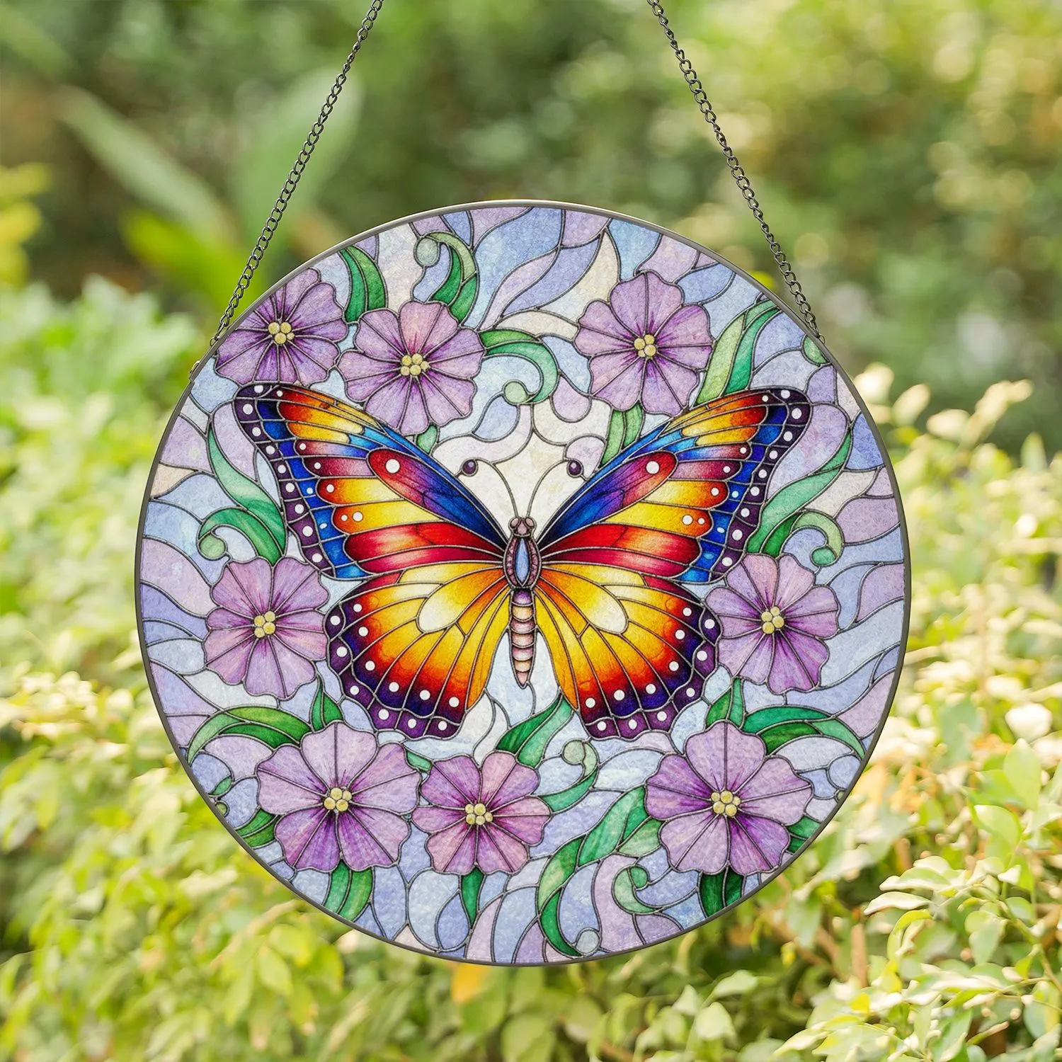 Butterfly Multi-Colored Flowers Green Leaves - Home Decor Gift for Garden Lover Stained Glass Suncatcher - 1