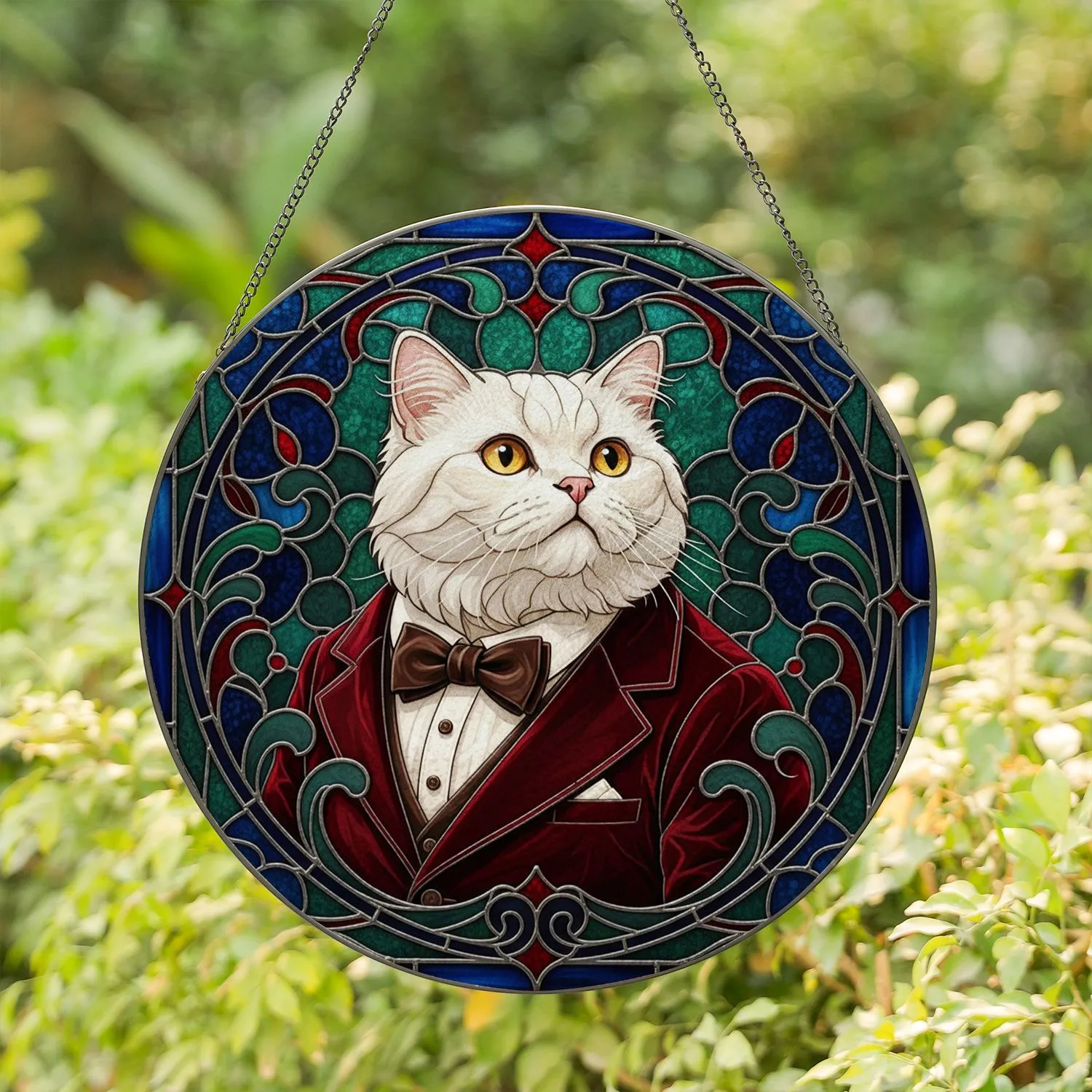 Persian Cat Red Velvet Jacket Art Nouveau Floral Home Decor Gift for Cat Lover Stained Glass Suncatcher - 1