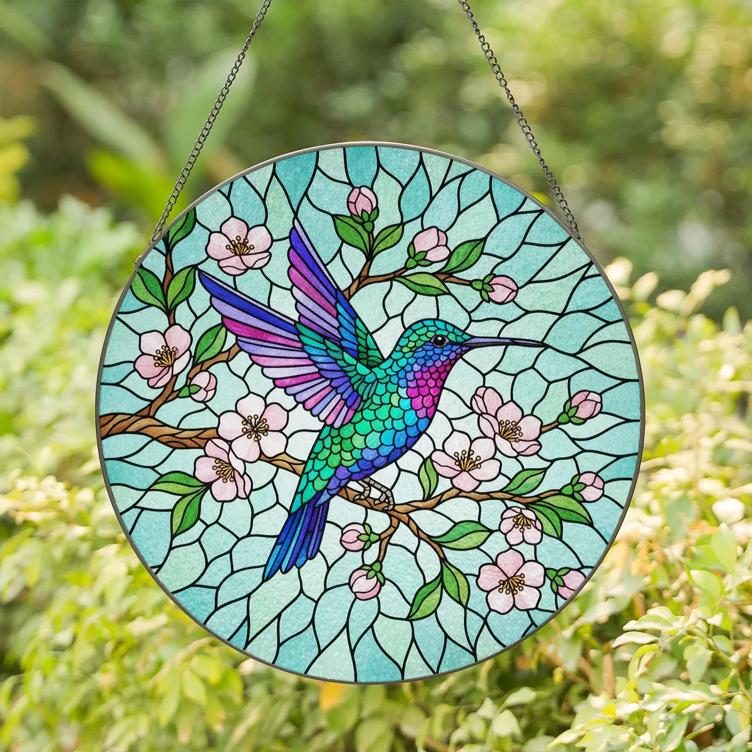 Stained Glass Hummingbird Floral Blossoms - Wildlife Home Decor Gift for Bird Lovers Stained Glass Suncatcher - 1
