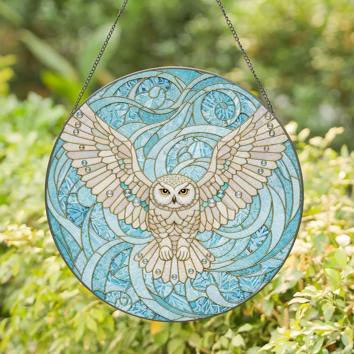 Snowy Owl Mid-Flight Ice Crystal Swirls - Home Decor Gift for Wildlife Lovers Stained Glass Suncatcher - 1