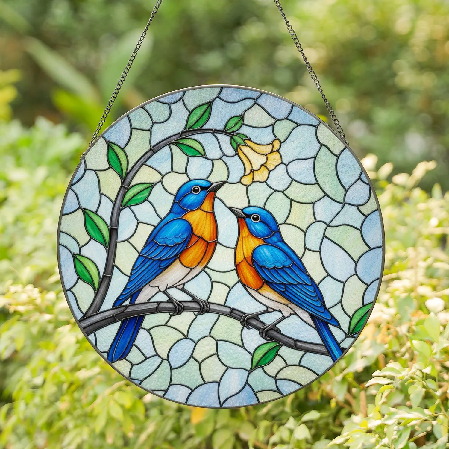 Two Bluebirds Floral Swirling Mosaic - Home Decor Gift for Bird & Nature Lover Stained Glass Suncatcher - 1