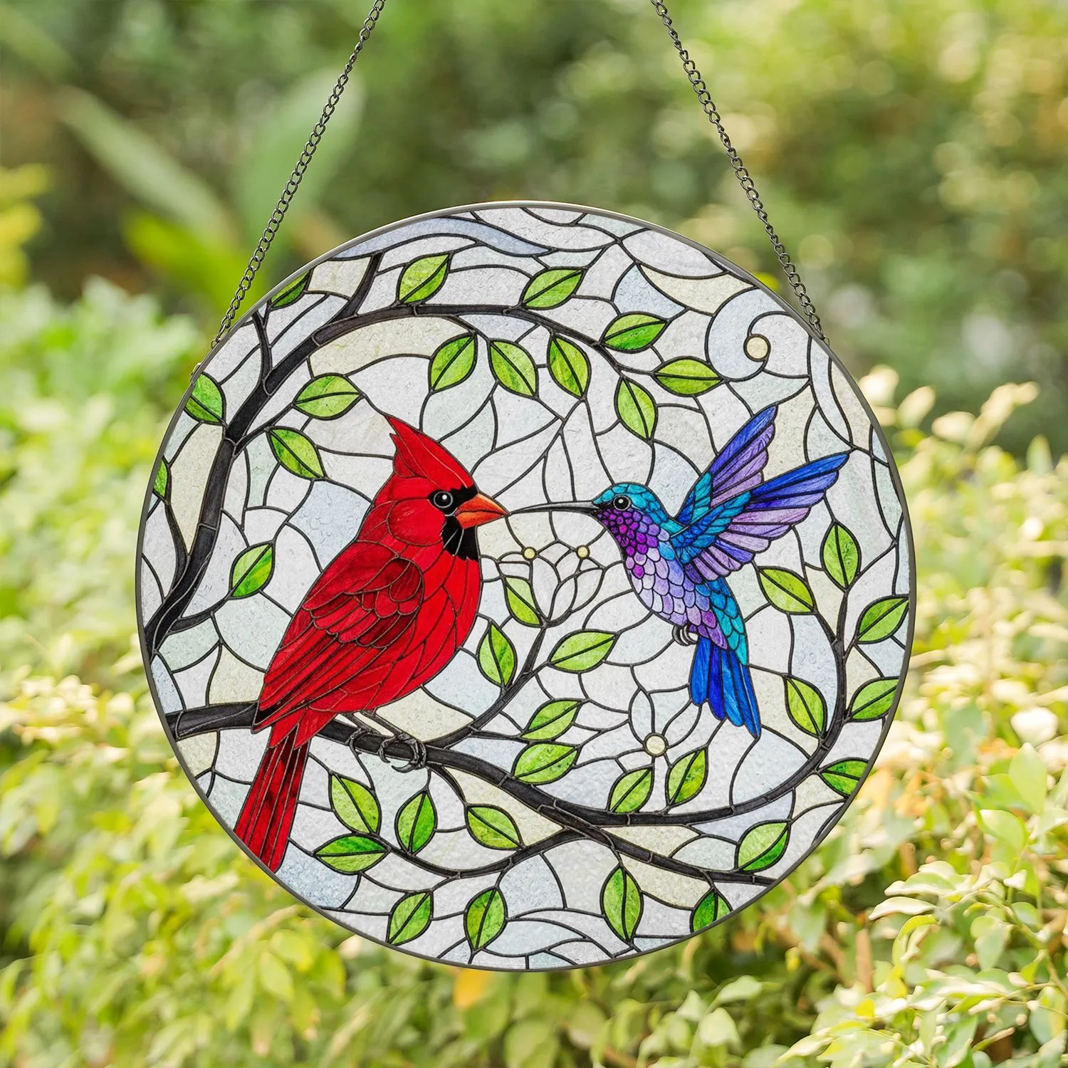 Red Cardinal Hummingbird Stained Glass - Tiffany Style Home Decor Gift for Bird Lovers Stained Glass Suncatcher - 1