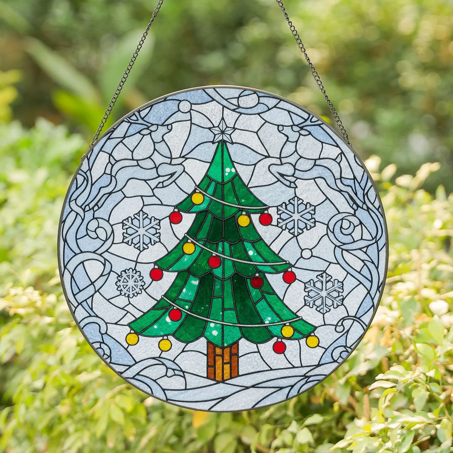 Christmas Tree Reindeer Snowflakes Baubles Garland Winter Sky - Holiday Home Decor Gift Stained Glass Suncatcher - 1