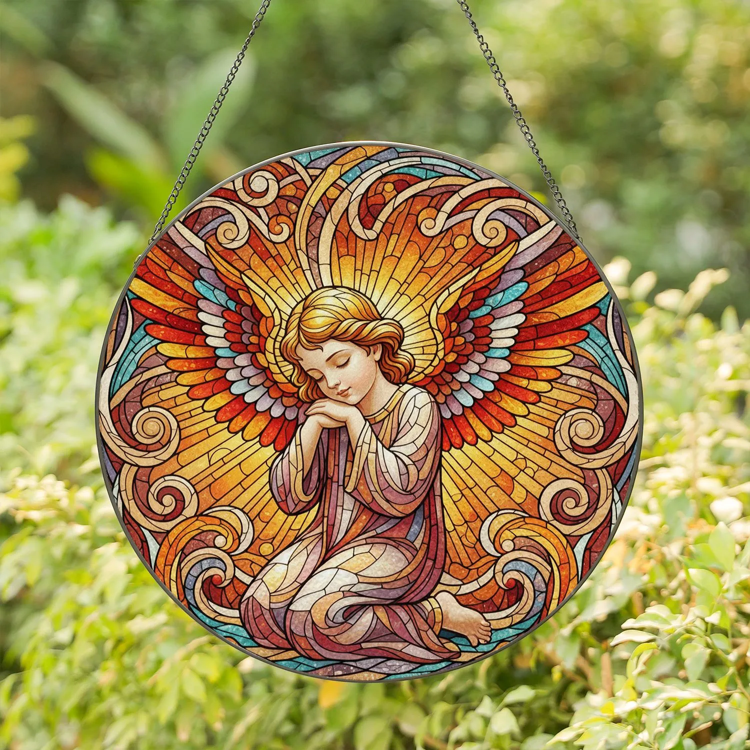 Angel Child Porcelain Face Majestic Wings Kneeling Celestial Swirling Light Home Decor Gift Stained Glass Suncatcher - 1