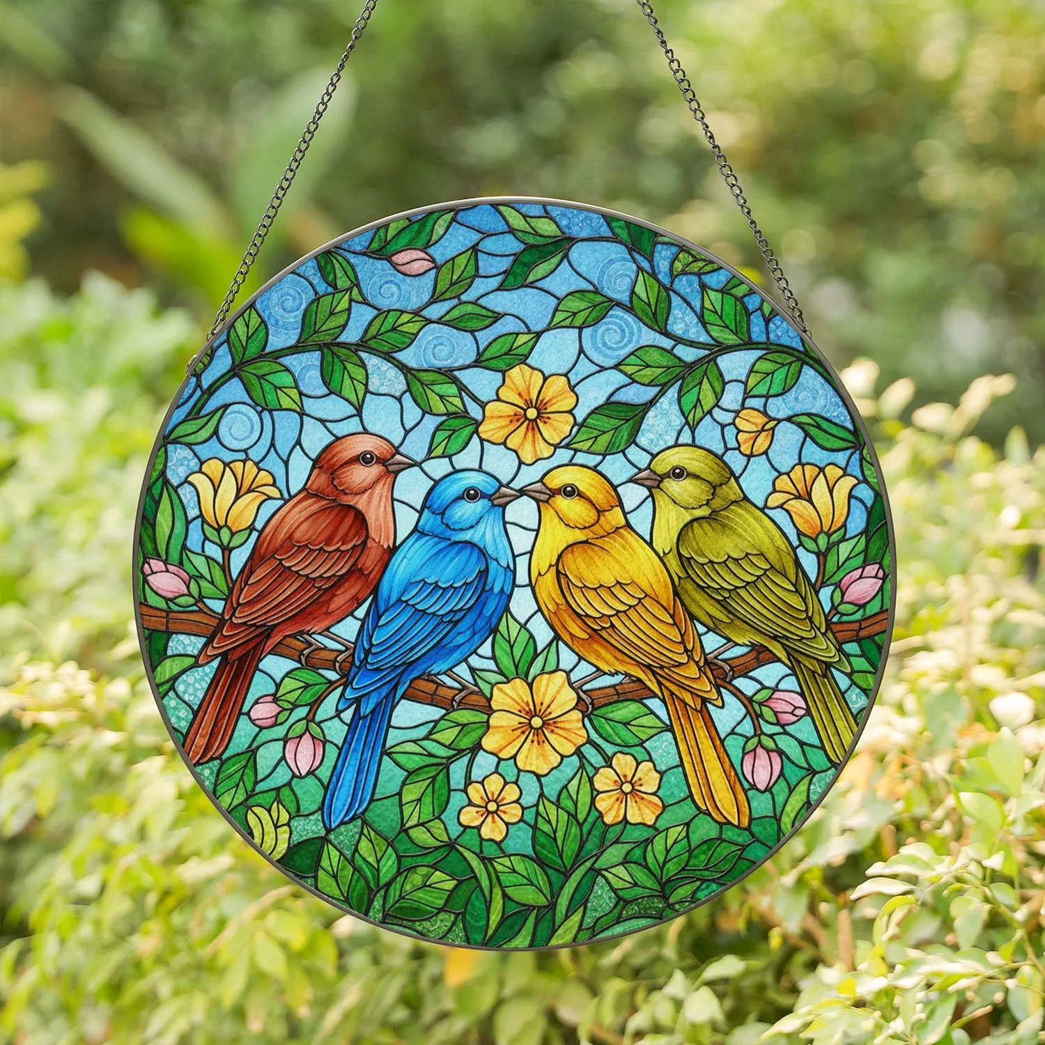 Five Songbirds Flowering Branch - Wildlife Lover Home Decor Gift for Bird Lovers Stained Glass Suncatcher - 1
