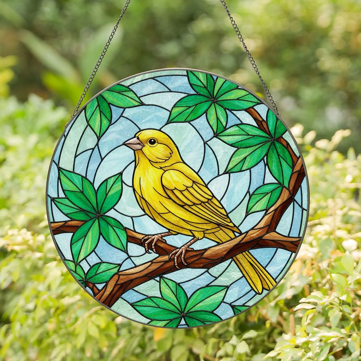 Stained Glass Canary Bird Perched Branch Leaves - Home Decor Gift for Bird Lover Stained Glass Suncatcher - 1