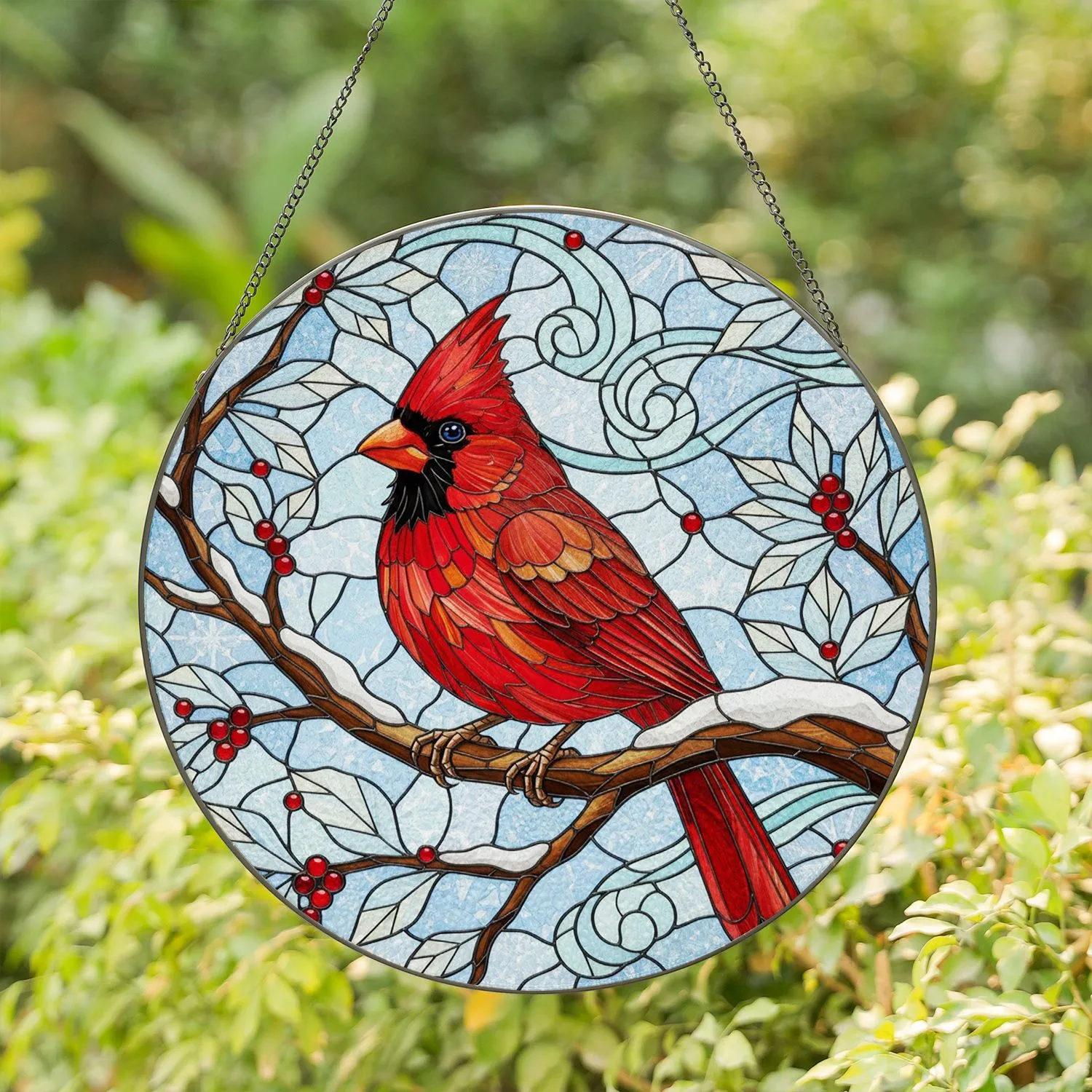 Northern Cardinal Winter Branch - Home Decor Gift for Bird Lover Stained Glass Suncatcher - 1